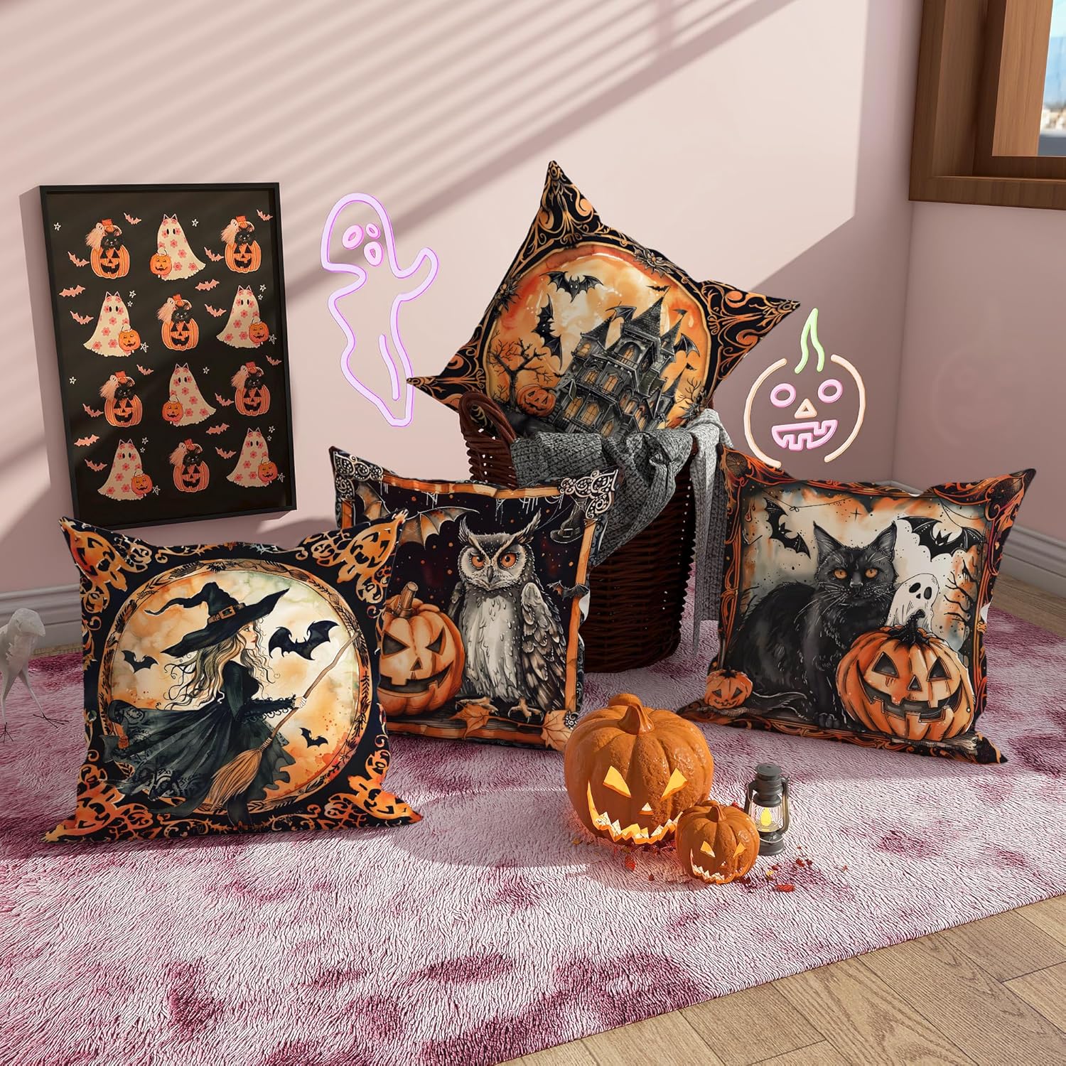 Halloween Aesthetic Retro Witch Throw Pillow Covers 20x20 Set of 4, Scary Pumpkin Cat Pillow Cases Kit with Zipper, Gothic Haunted House Bat Owl Velvet Decor for Couch Sofa Living Room Bed