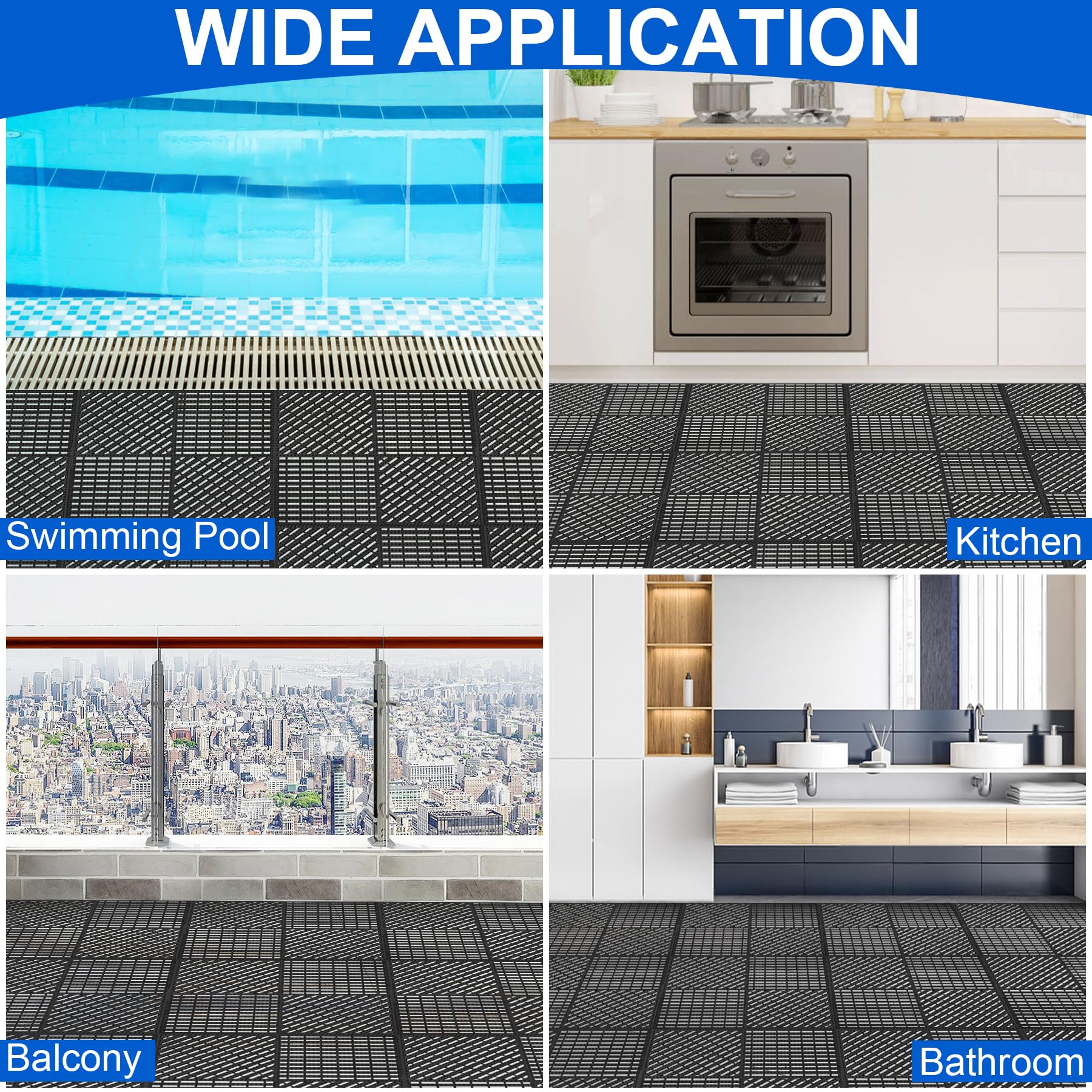 MYFAMIREA Modular Interlocking Cushion 12 Pack 11.8" x 11.8" Rubber Floor Tiles Non-Slip Splicing Drainage Mats for Deck, Pool, Shower, Patio, Balcony, Bathroom, Kitchen, Yard (1 Rows Dots, Black) — Amazon image 7