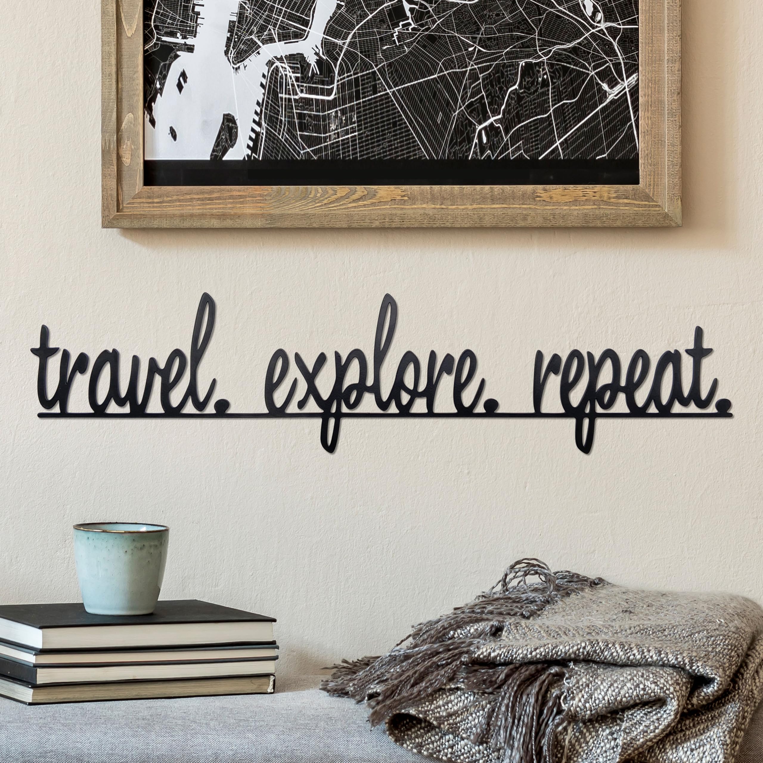 noxozoqm Travel Explore Repeat Metal Sign Travel Memories Home Wall Decor Travel Signs for Home Living Room Bedroom Office Travel Lover Gift, 16.2 x 3.8 In, Black