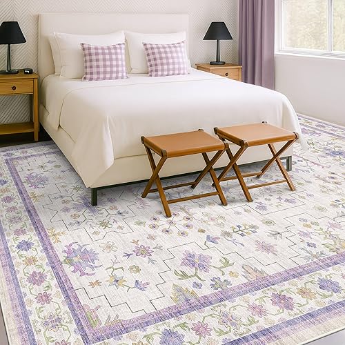 Miniatura 105 de Alfombra de Pasillo de Baño Lavable Oushak 2x5 - Floral Pastel Bohemio Ecléctico, Alfombra Pequeña Antideslizante de Pelo Bajo Resistente a Manchas
