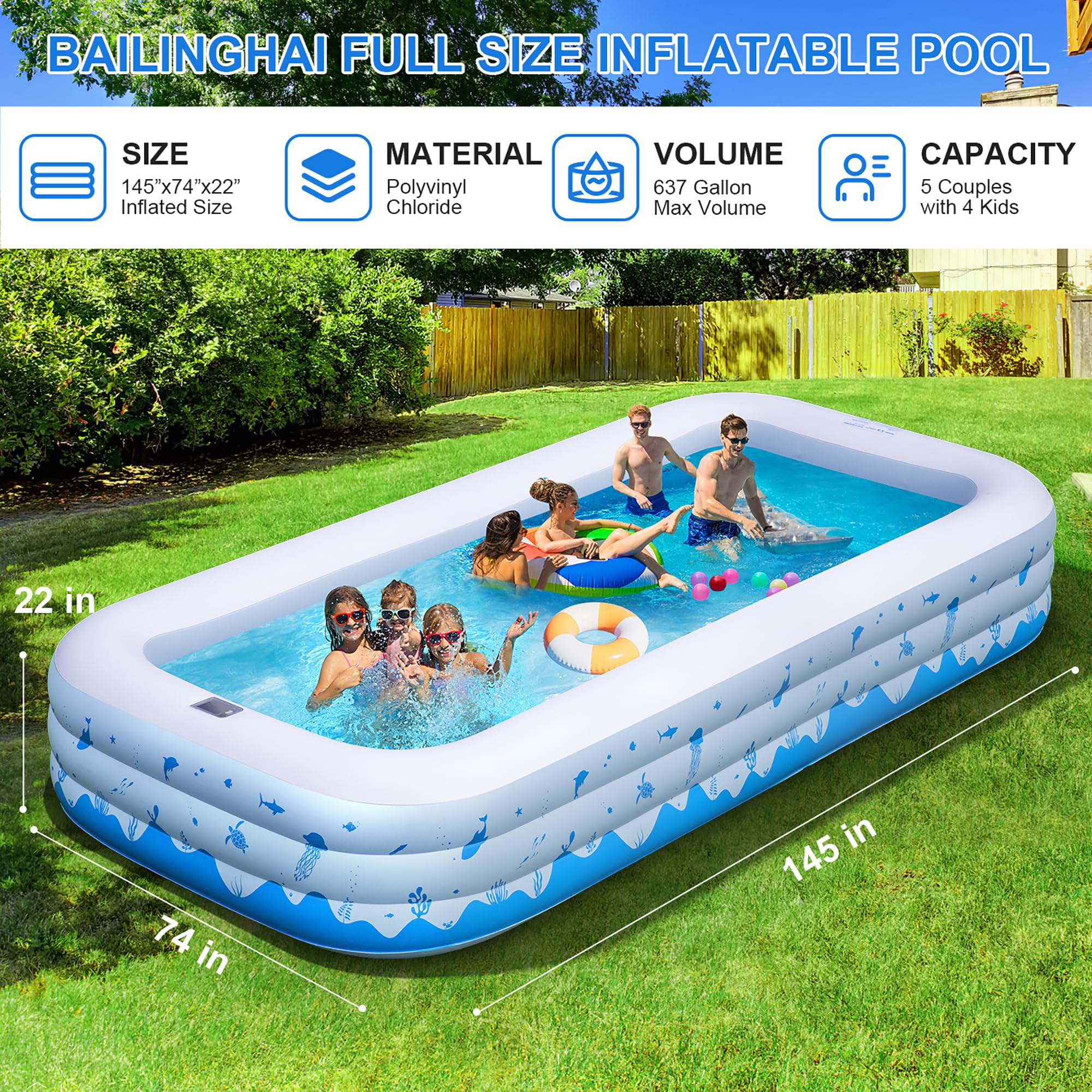 Grandi piscine gonfiabili con luci, 368 cm x 188 cm x 56 cm, piscine gonfiabili familiari per adulti, piscina gonfiabile alimentata a energia solare per il cortile (pompa d'aria non inclusa)