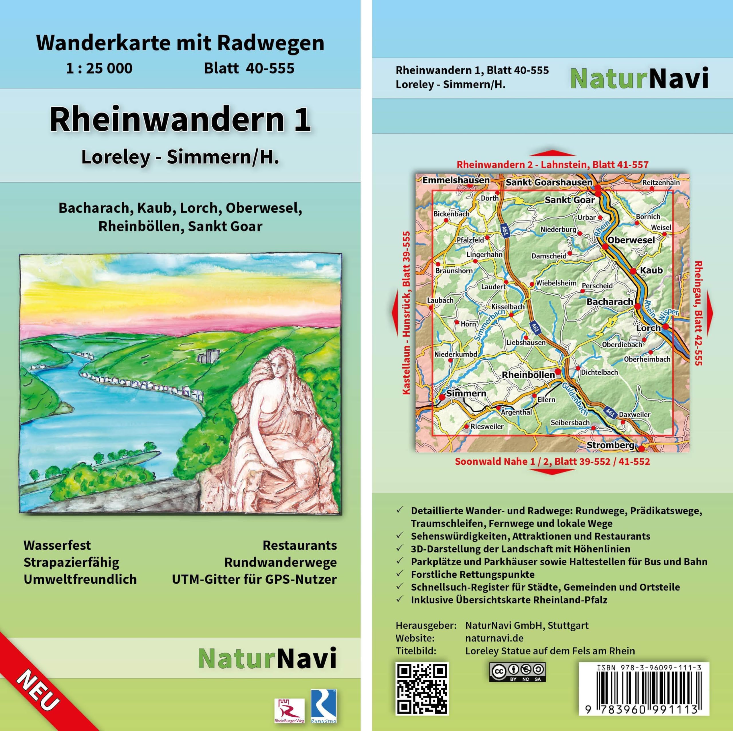 Rheinwandern 1 - Loreley - Simmern/H. 1:25 000: Wanderkarte mit Radwegen, Blatt 40-555, 1 : 25 000, Bacharach, Kaub, Lorch, Oberwesel, Rheinböllen, Sankt Goar