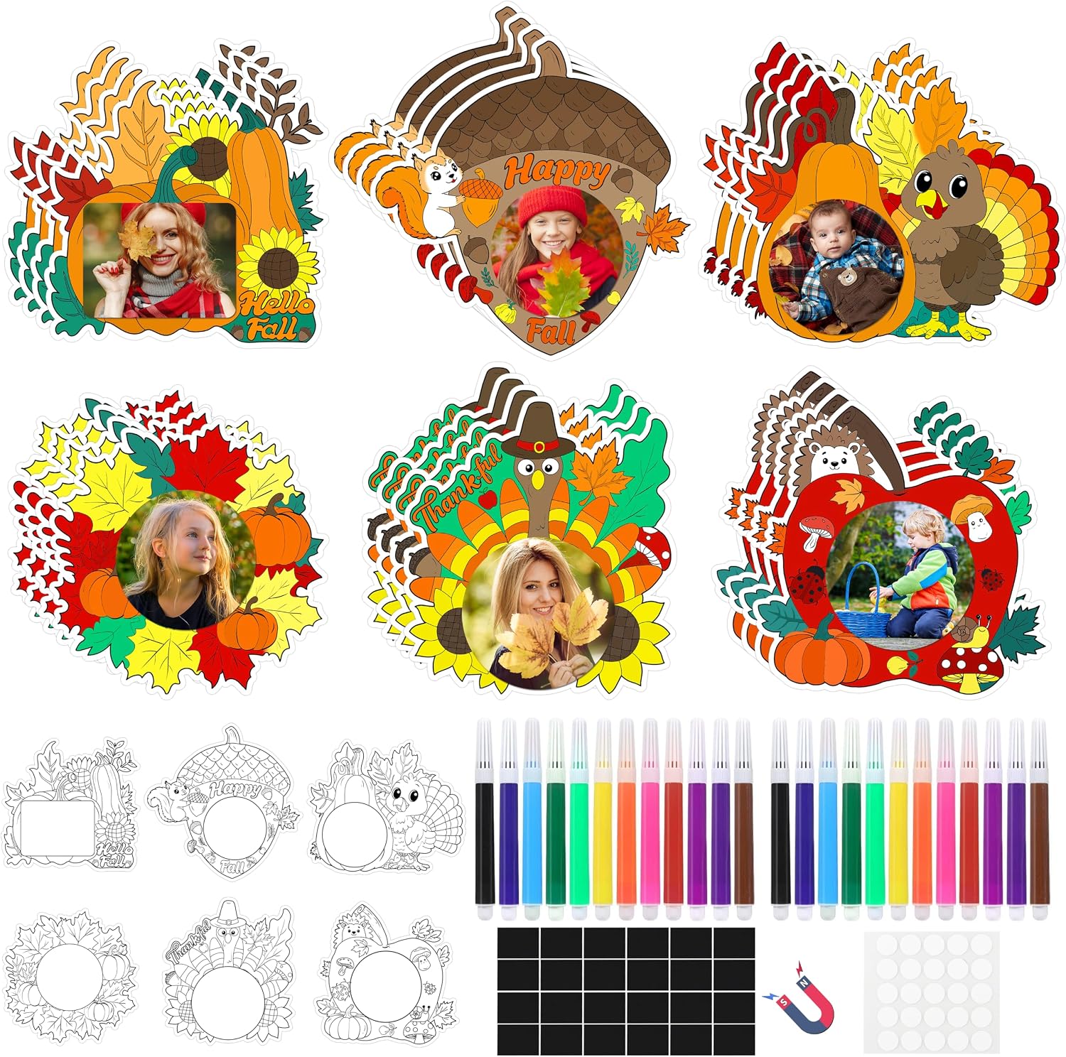 24Set Fall Thanksgiving Crafts for Kids Toddlers Adults, Fall Activities Picture Frame Fridge Magnet Pumpkin Turkey, Autumn Thanksgiving DIY Art Paper Decor Kit for Home Gift Party Favor Bulk Supplies