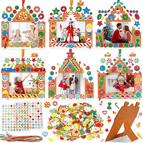 Kit de 506 marcos de fotos de espuma de Navidad para niños, 18 juegos de marcos de fotos de fieltro de casa de jengibre con caballete para