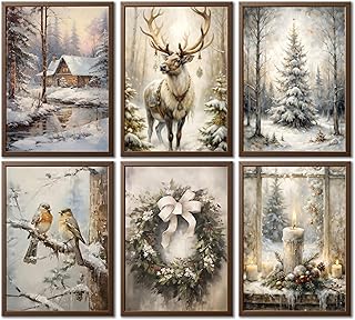 6Pcs Winter Christmas Canvas Wall Art Vintage Reindeer Candle Wreath Poster Print Artwork Christmas Tree Snow House Painting Picture Wall Decor for Living Room Gallery Bedroom Home Decor Unframed.