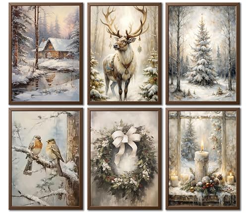 Bexzeak 6PCS Winter Christmas Snow Scene Canvas Wall Art Unframed