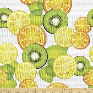 Lunarable Fruits Fabric by The Yard, Pattern with Slice Orange, Kiwi and Lemon Water Drops Vegetation Gastronomic, Decorative Fabric for Upholstery and Home Accents, 1 Yard, Green Apple