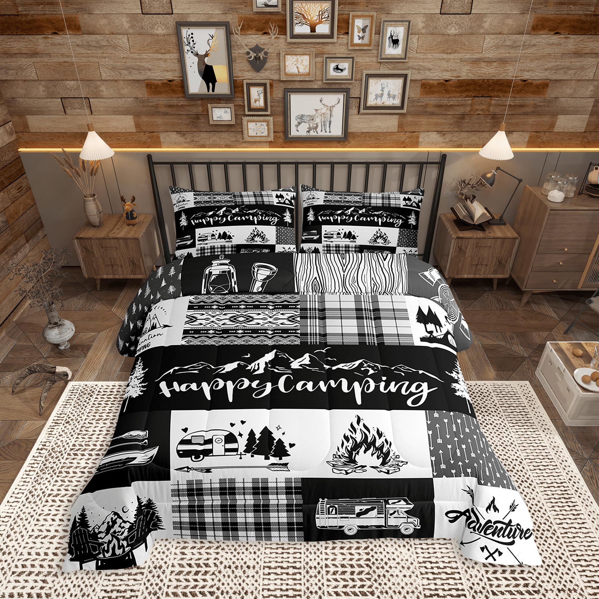Camper Adventure Comforter Set Twin Size,Happy Camping Plaid RV Inside Decor Bedding Set for Kids Boys Men,Arrow Hunt Cabin Rustic Farm Check Quilted
