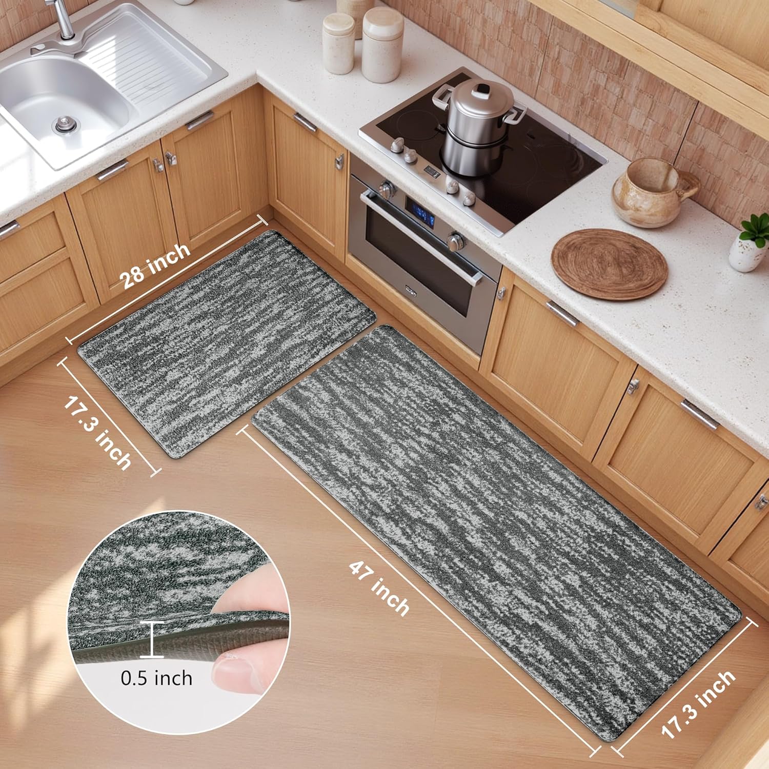 Kitchen Mats for Floor 2PCS, Absorbent Textured Fabric, 1/2 Inch PVC Cushioned Anti Fatigue Non Slip Kitchen Rugs, Abstract Comfort Standing Mats for Sink, 17.3"x28"+17.3"x47", Black Grey Multi