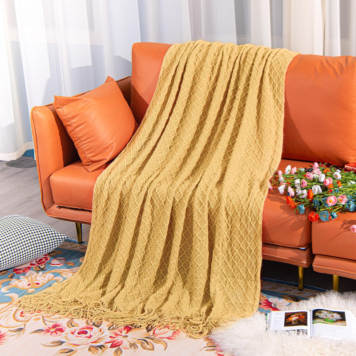 NTBAY Acrylic Knitted Oversized 60x80 Twin Throw Blanket, Lightweight and Soft Cozy Decorative Woven Blanket with Tassels for Travel, Couch, Bed, Sofa, 60x80 Inches, Mustard Yellow Checkered