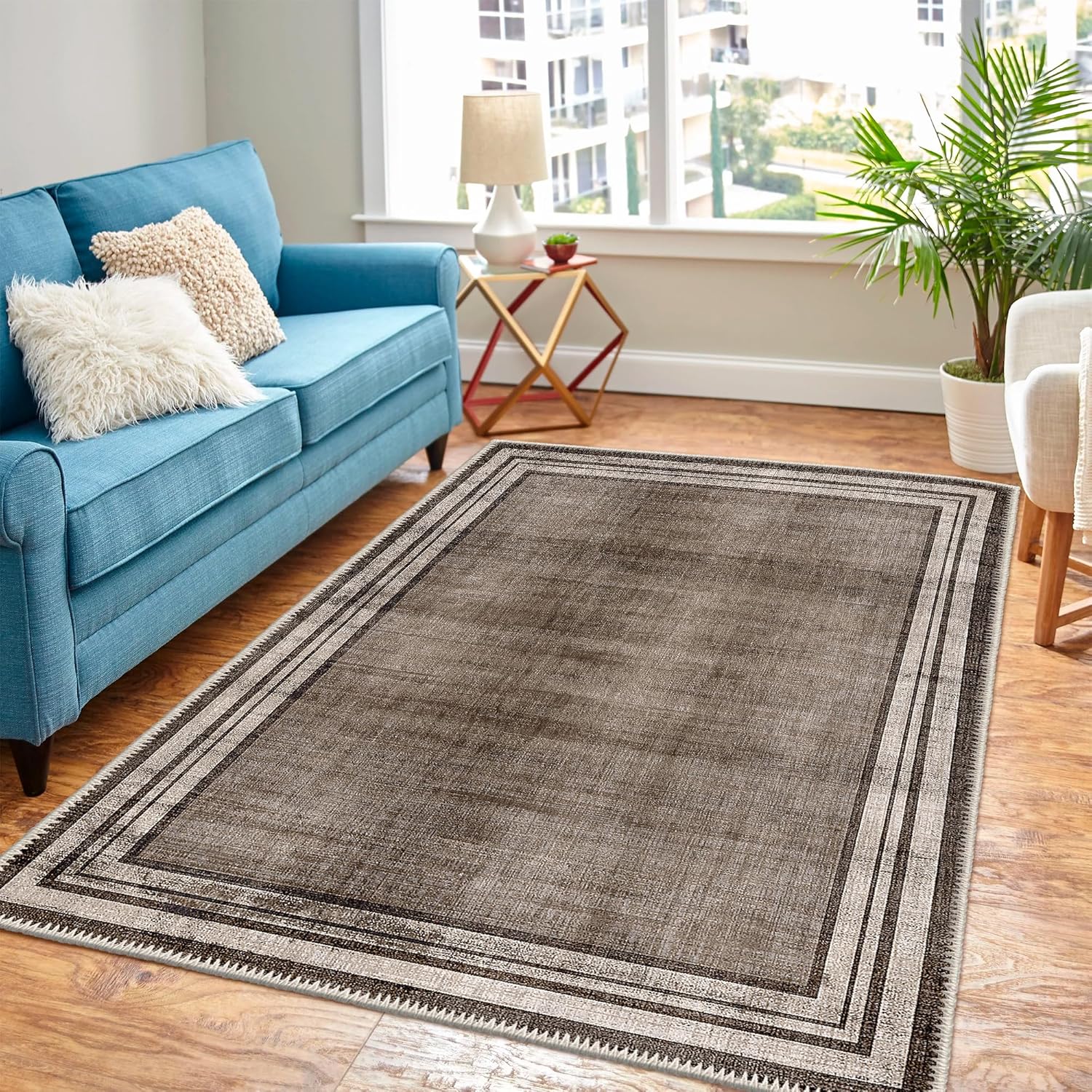 Washable Area Rugs, 5x5 Brown Square Rug with Non