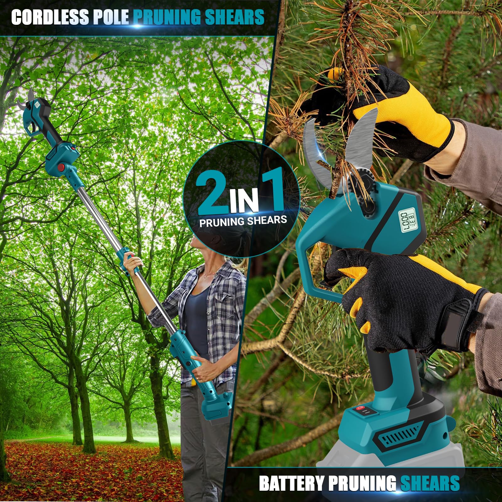 Tijeras de podar telescópicas con percha telescópica con 21V 4000 mAh | 50 mm 2 en 1 Sierra de poda eléctrica inalámbricas Tijeras de batería para makita 18v para podar árboles, árboles frutales