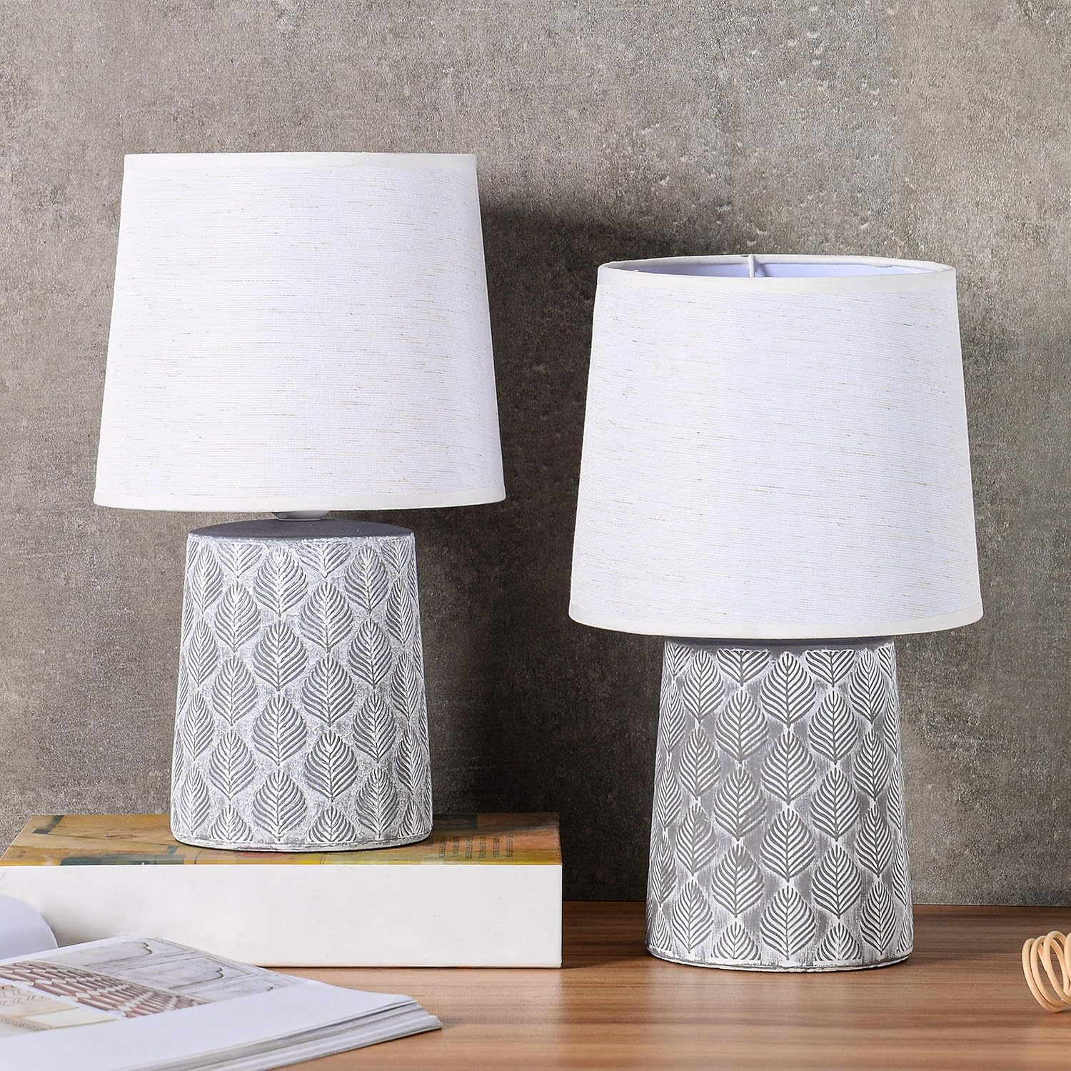BRUBAKER 2-Pack Classical Table or Bedside Lamps - White - Ceramic Base in Floral Design - 13 Inches