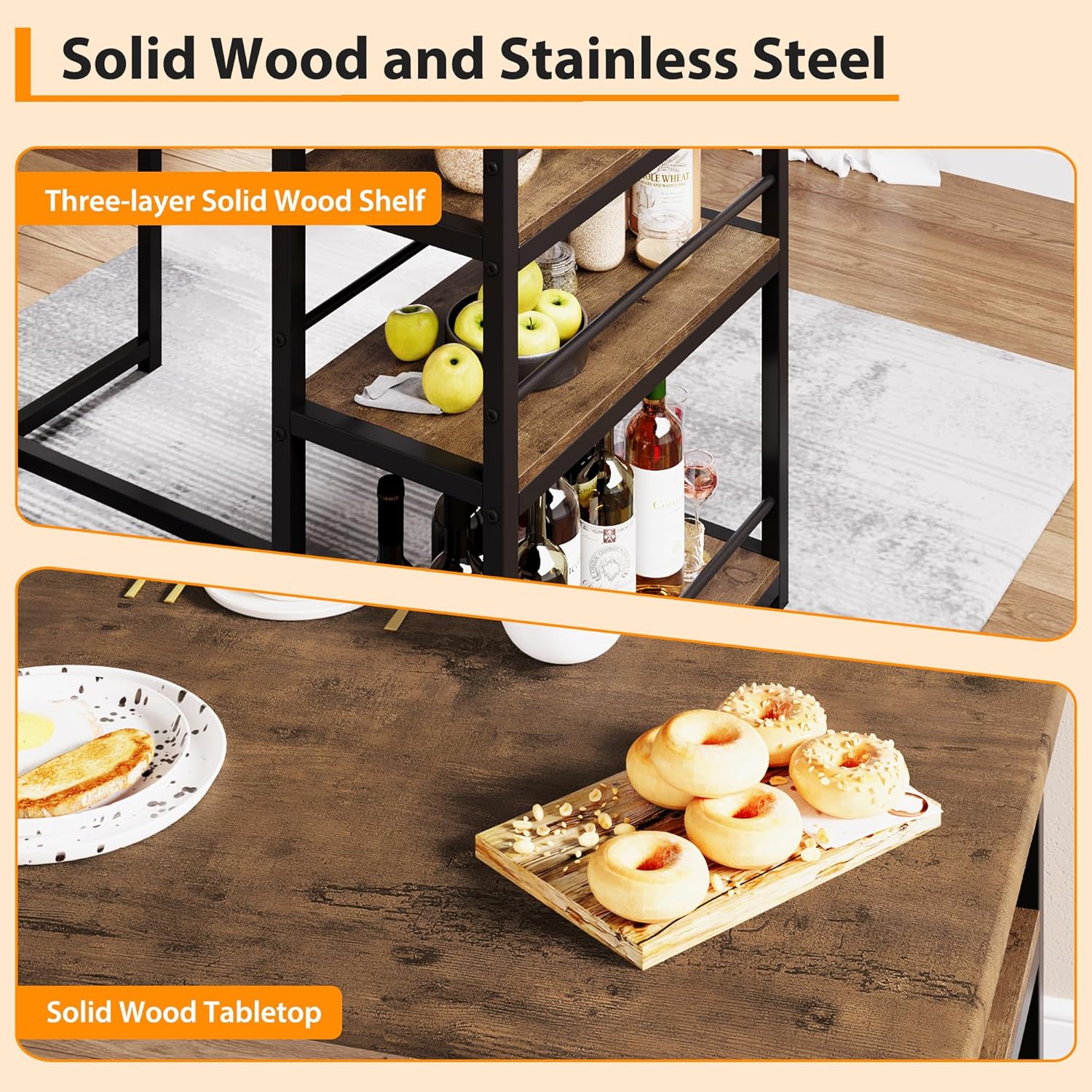 3 Bar Height Tables and Chairs, Small Dining Table for 2 People, Breakfast Table with 3 Storage Shelves, 2 Upholstered Stools with Backrests Suitable for Restaurants, Apartments and Bistros