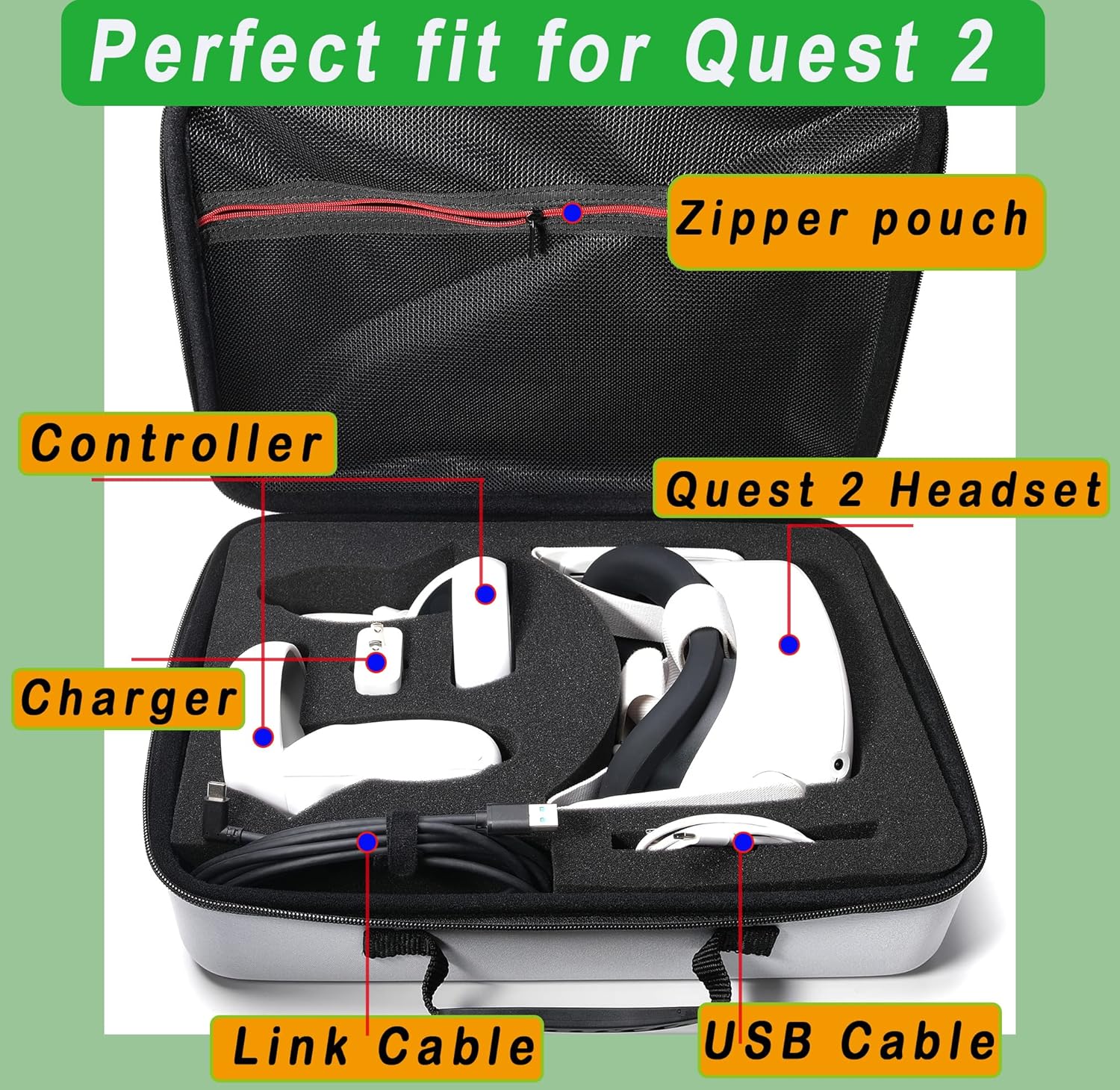 Hard Padded case for Oculus Quest 2 VR Headset,All in one Accessories case for Quest 2 Headset, Controller, Charger and Cable Black