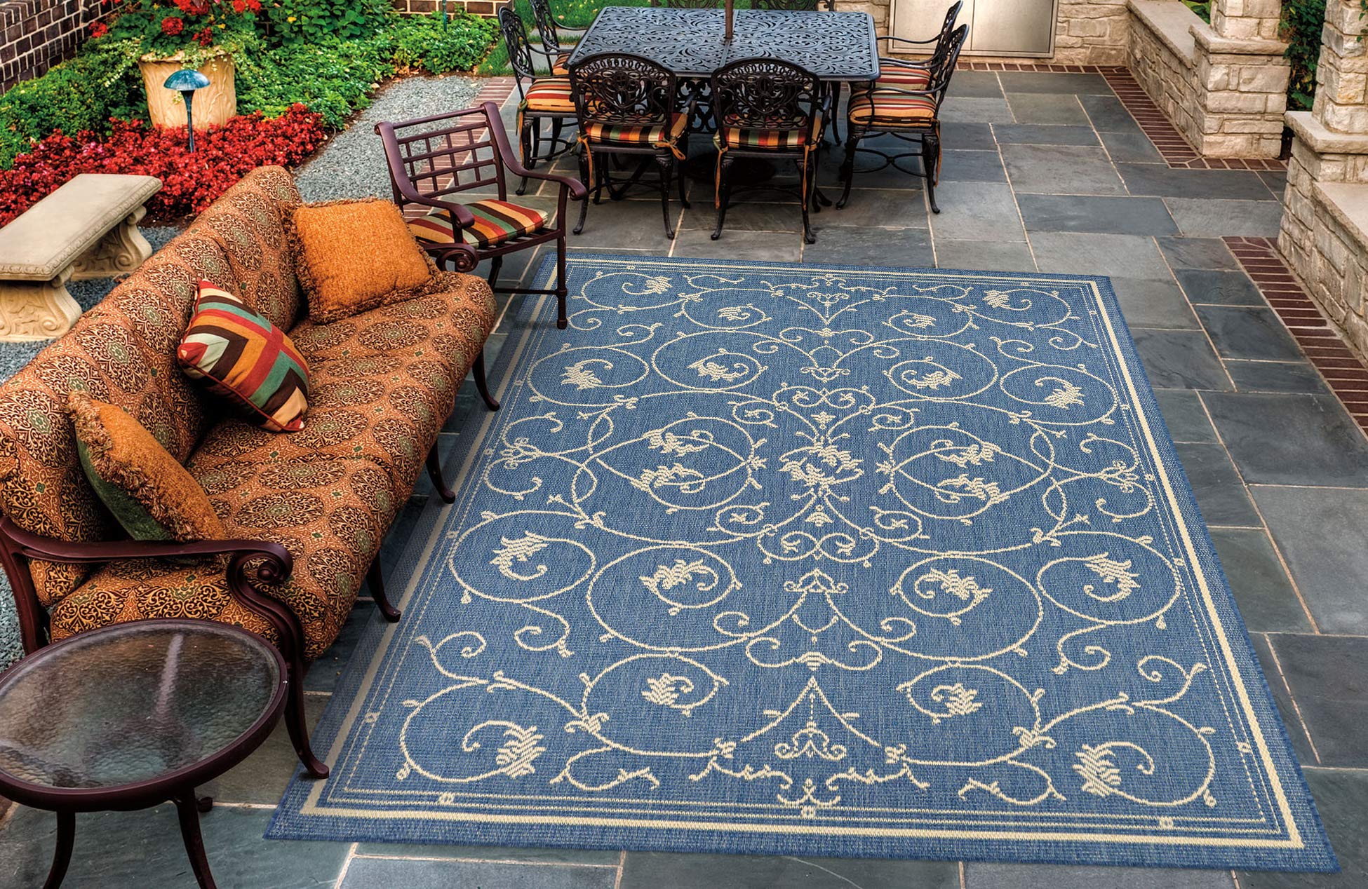 Recife veranda terracotta e Natural indoor/outdoor Rug, Polipropilene, CHAMPAGNE/BLUE, 2.25 x 11.75 ft.