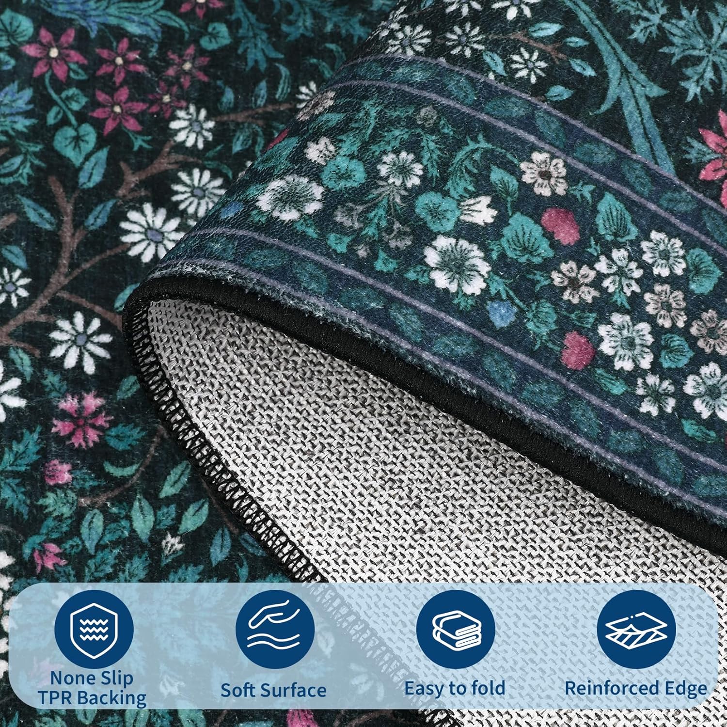 GarveeHome Floral 2x6 Runner Rug Non Slip Boho Bathroom Rug, Soft Small Washable Area Rug Indoor Door Mat Botanical Throw Rugs for Kitchen Hallway, Dark Blue