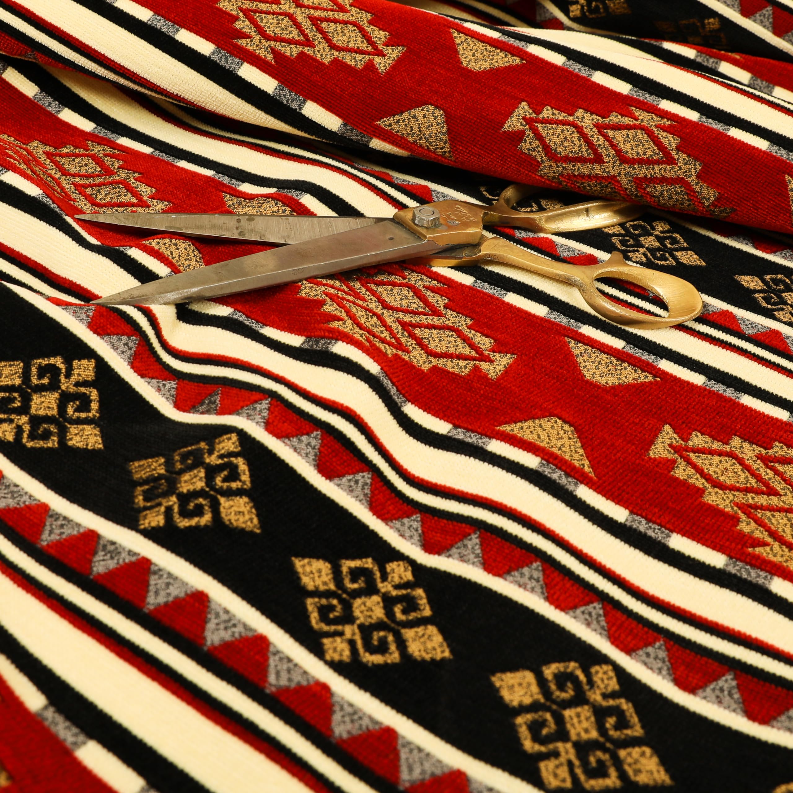 Redbrick Mill Fabrics Flame Retardant Soft Traditional Kilim Aztec Pattern Red Black Gold Upholstery Furnishing Fabric (Per Metre) — image 1