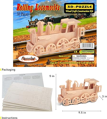 Miniatura 2 de Puzzled Rompecabezas 3D, tren de locomotora rodante, kit de modelo de construcción, divertido y educativo, juguete de madera para armar manualidades