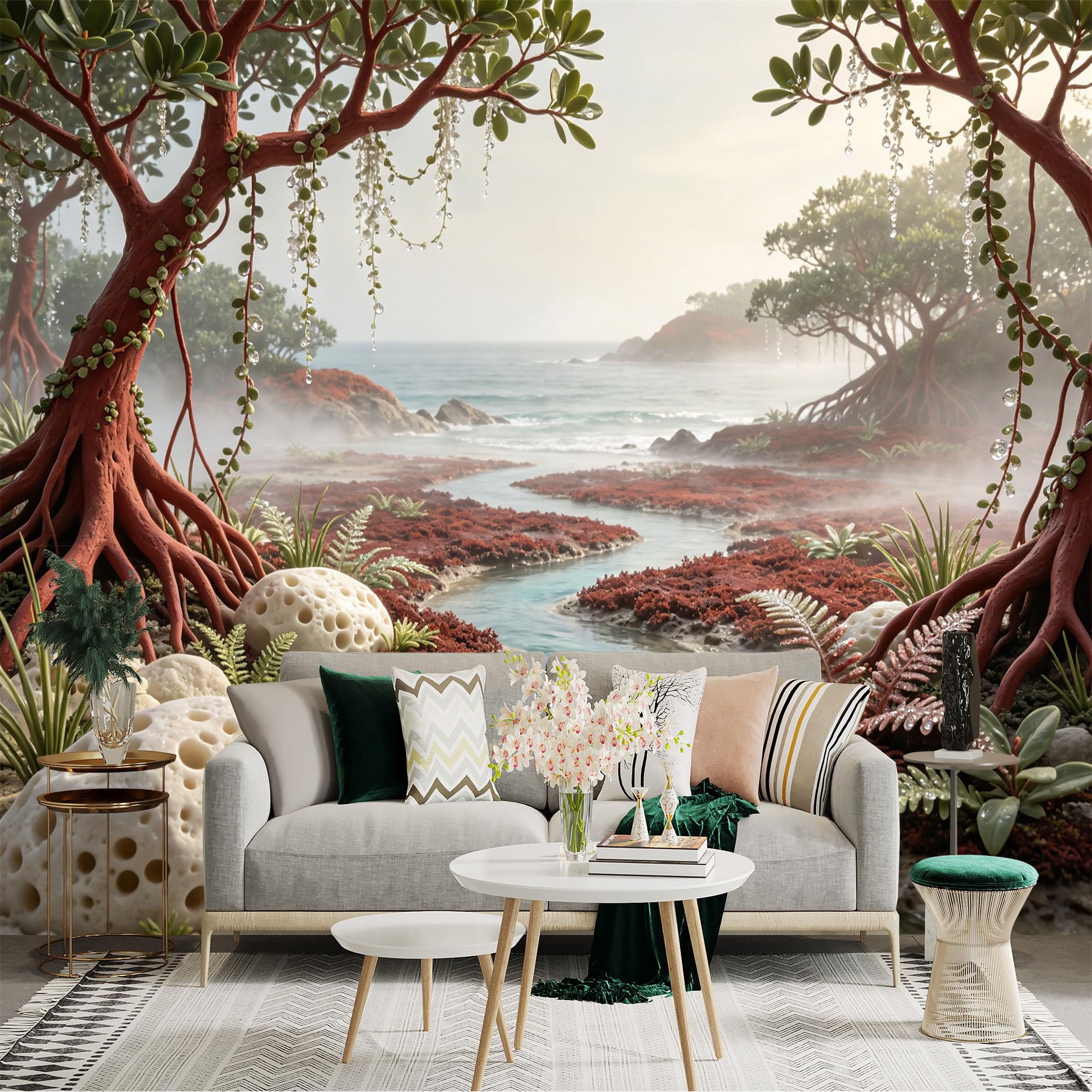 Custom Size Wall Sticker Mural， Fantasy Mangrove Forest with Ocean， Red Roots and Misty Shore， for wall Decoration， peelandstick wall Decals.