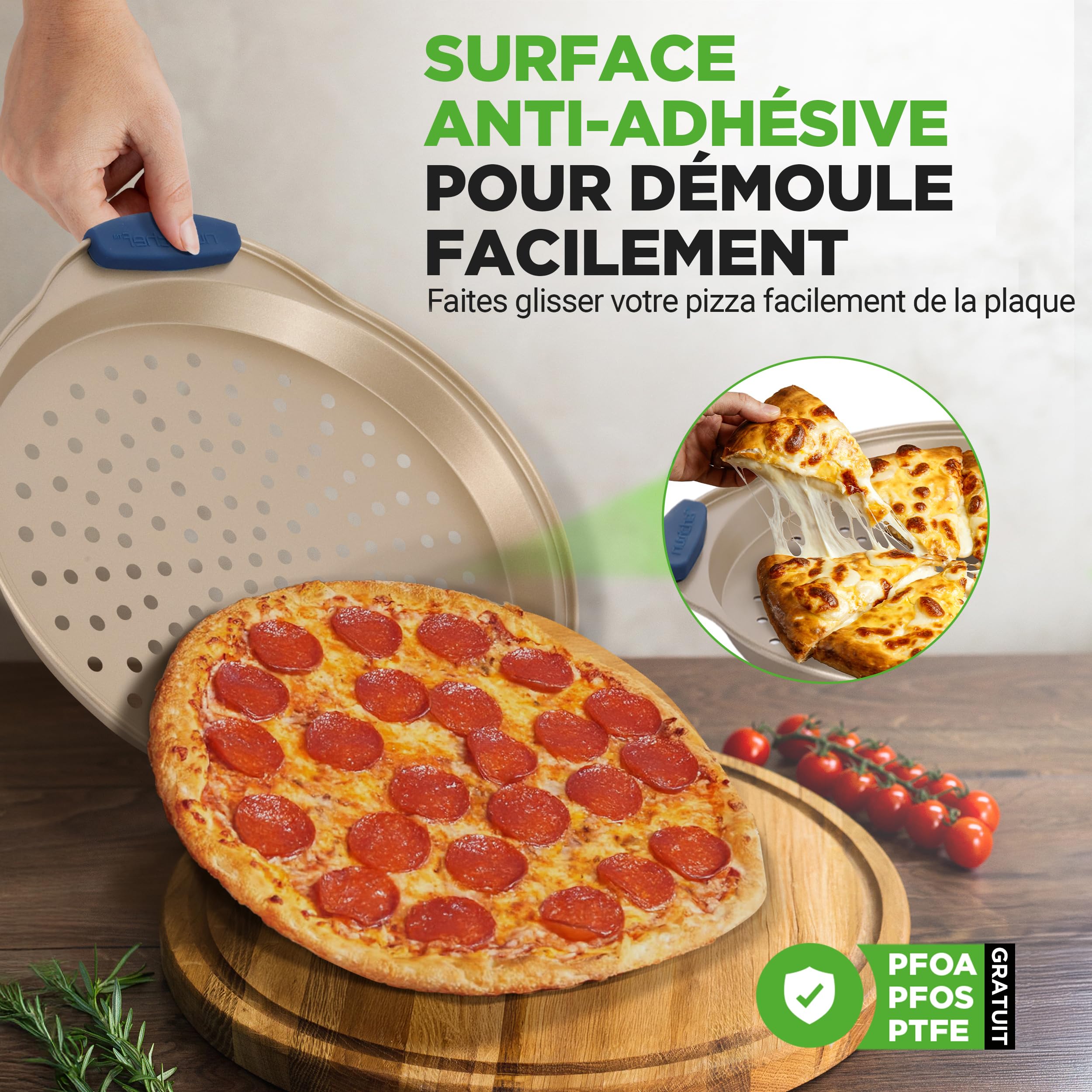 NutriChef Set de 3 Plaques à Pizza - Moules à Pizza Antiadhésif avec Poignée en Silicone avec Trous Perforés - Acier Carbone Durable - Tailles Petit, Moyen, Grand - Doré, Gold