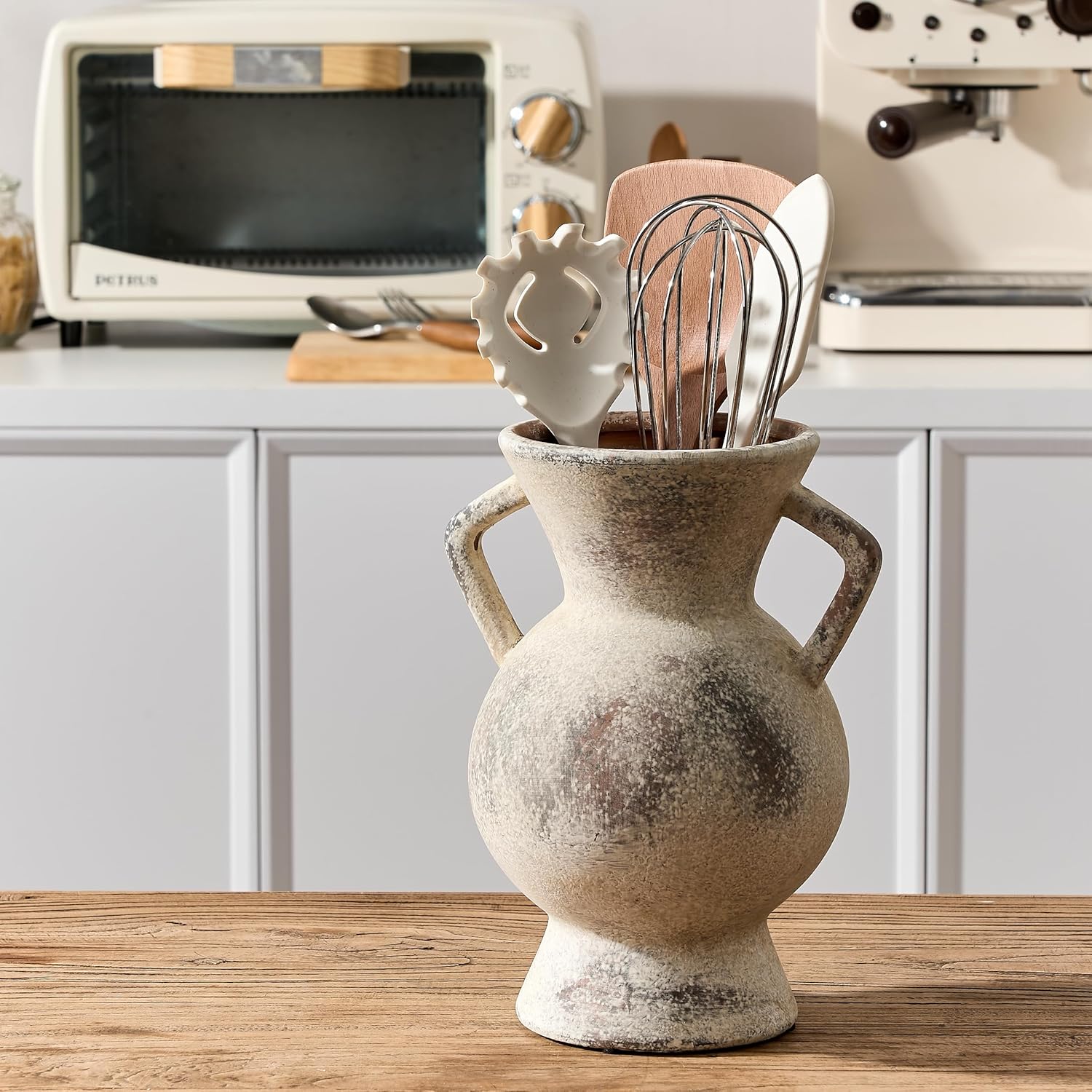 LUKA Antique Ceramic Vase with 2 Handle,9.25 inches Rustic Vase Minimalist Decor, Decorative Vases for Home Decor, Table, Living Room, Shelf, Christmas Decoration(Large,Gray) - Image 4