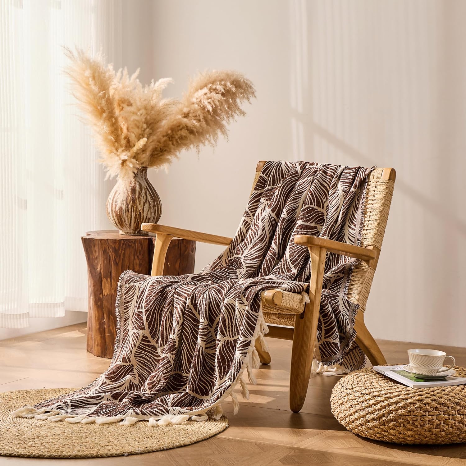 DOWN HOME Chenille Cotton Throw Blanket for Couch, Lightweight Boho Blanket for Bed Sofa Chair Living Room Outdoor Soft Woven Decorative Blanket with Tassel Gift Brown Leaves 60"x80"