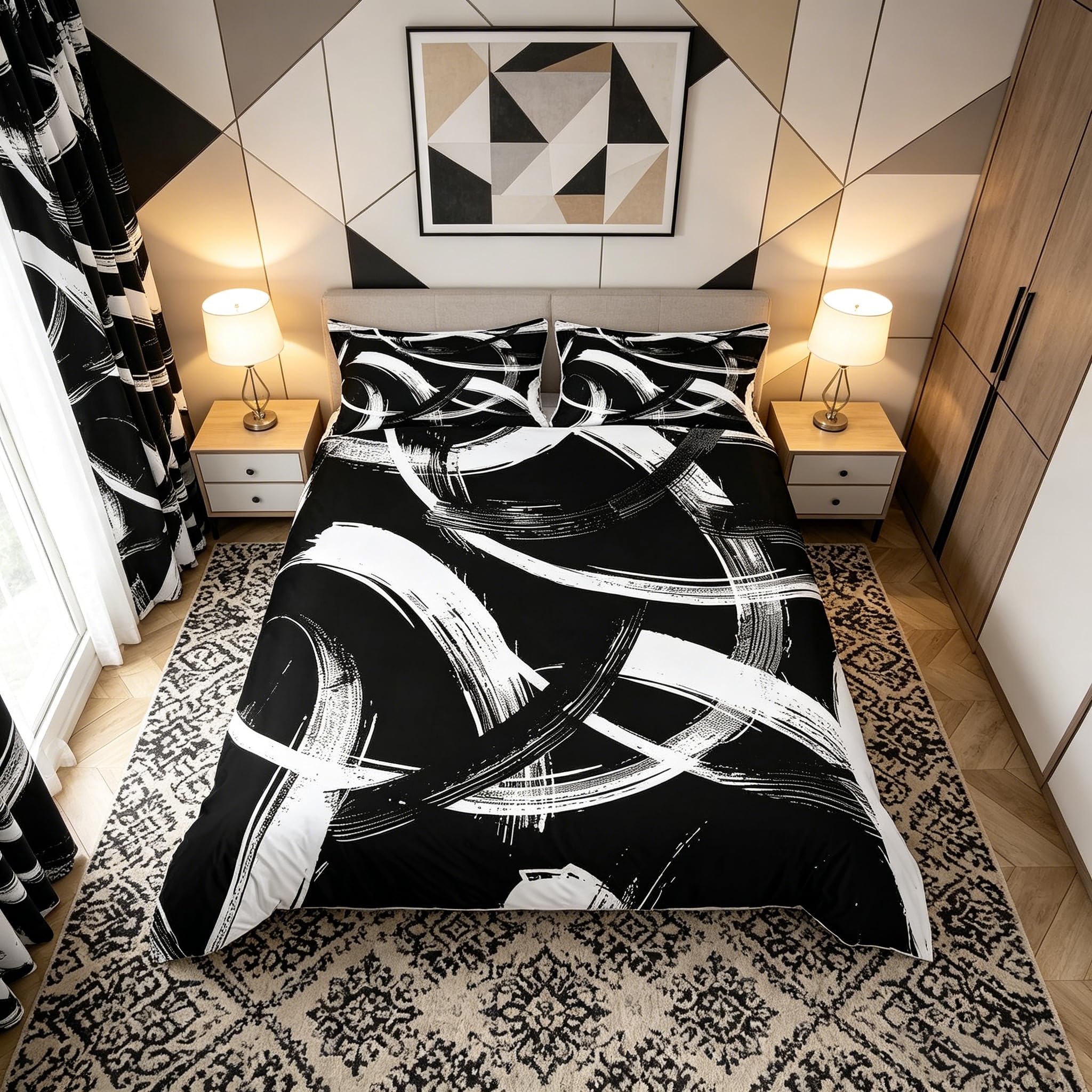 Housse de couette noire et blanche géométrique lit deux places Manfei avec taies d'oreiller