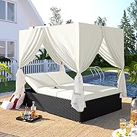 HarperBrightDesigns PE Rattan Patio Chaise Lounge Sunbed with 5-Position Adjustable Backrest, 4-Sided Canopy, Overhead Curtains & Cushions for 2-6 People