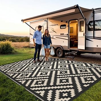 sarben Outdoor Rug for Patio - Waterproof Plastic Straw Camping Rugs 8x10 ft, Reversible Outdoor Indoor RV Mat Carpet for Patio, Porch, Deck, Balcony, Picnic, Beach, Black Beige