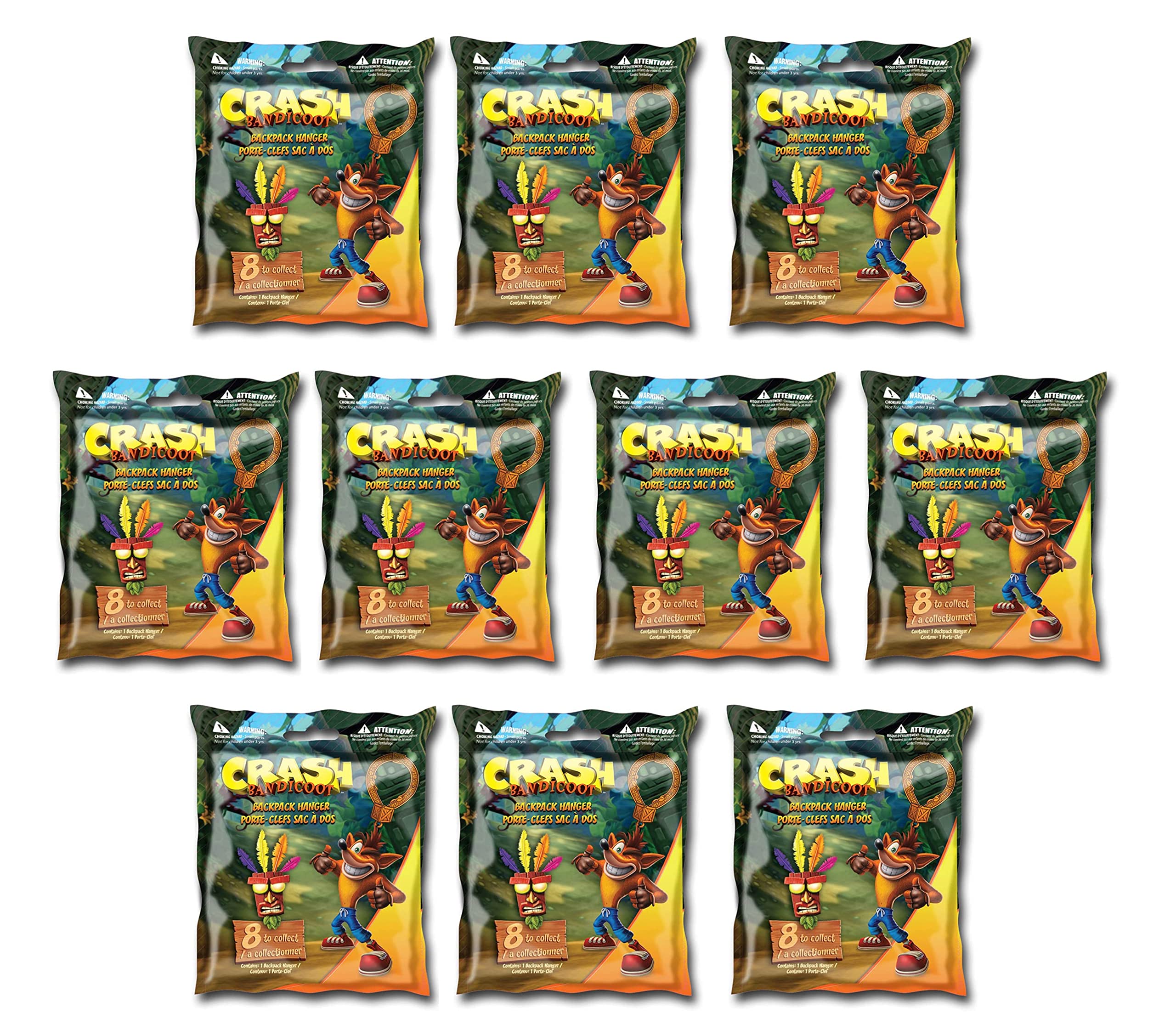 Crash Bandicoot 6cm Highly Collectible Keyring Bag Backpack Clip Hanger 3D Figure Mystery Foil Bag 10 Pack