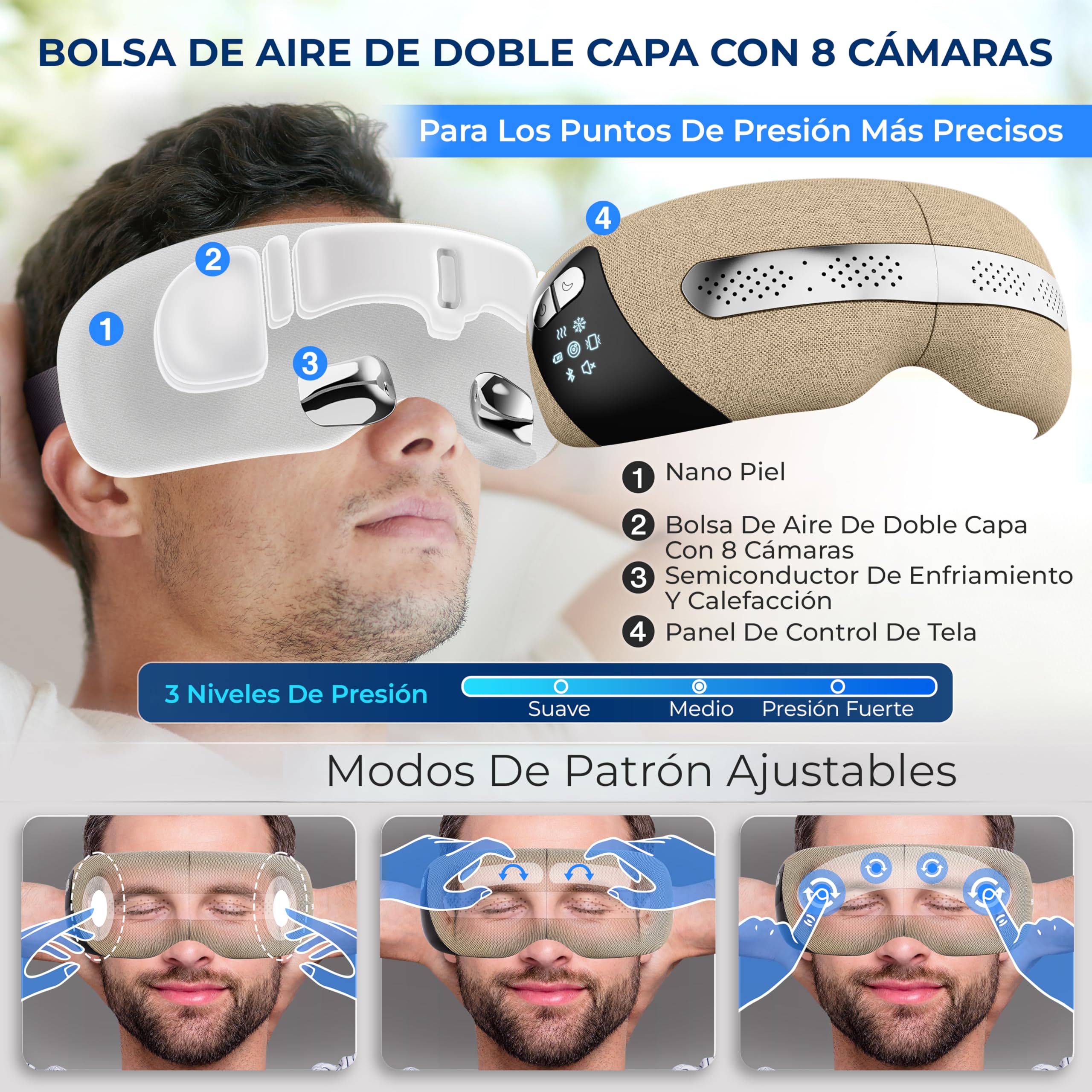 SereneLife masajeador de ojos con calor y enfriamiento, Compresión de aire y vibración, 5 modos de masaje, Música integrada, Gafas plegables, Inalámbrico y recargable para la relajación ocular