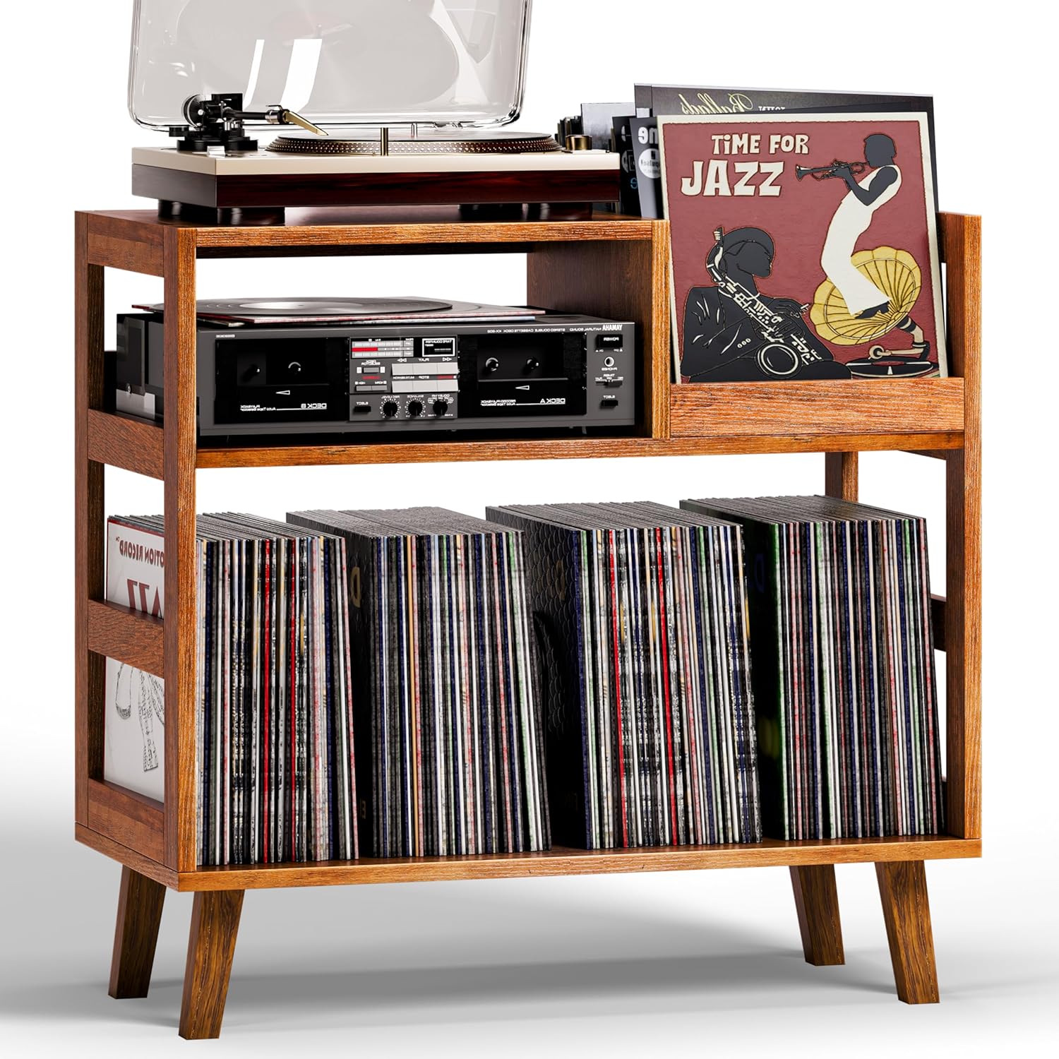 Record Player Stand with Vinyl Storage, Mid-Century Modern Turntable Stand Holds 150+ Albums, Record Player Table with Metal Dividers, Wood Media Console for Living Room (Brown, Single-Sided Medium)