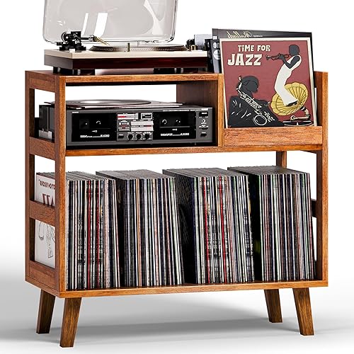 Miniatura 14 de Soporte para tocadiscos con almacenamiento de vinilo, moderno soporte para tocadiscos de mediados de siglo con capacidad para más de 150 álbumes
