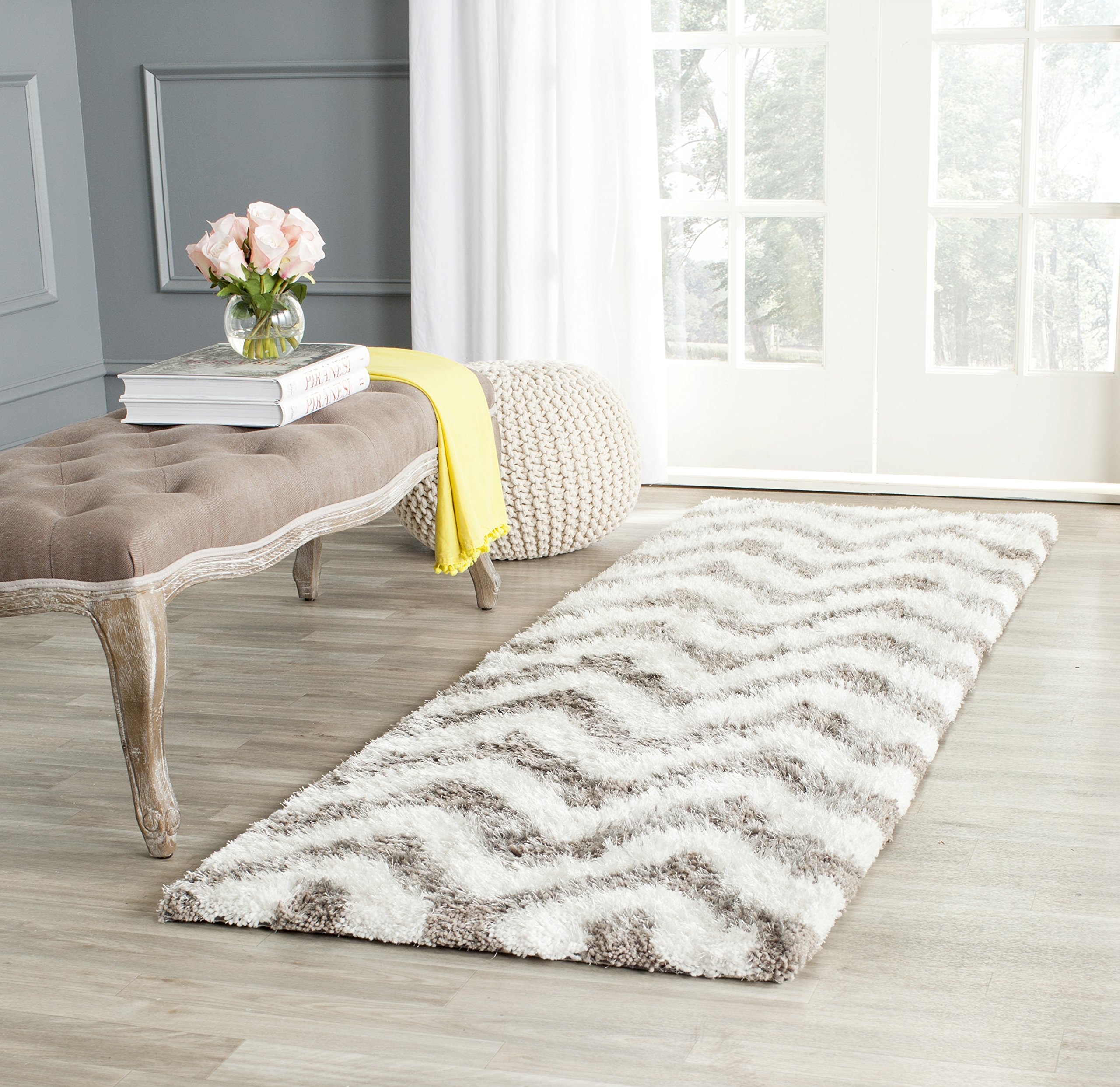 Barcelona Shag Collection 2'3" x 8' Ivory / Silver BSG320A Handmade Chevron 1.75-inch Thick Runner Rug