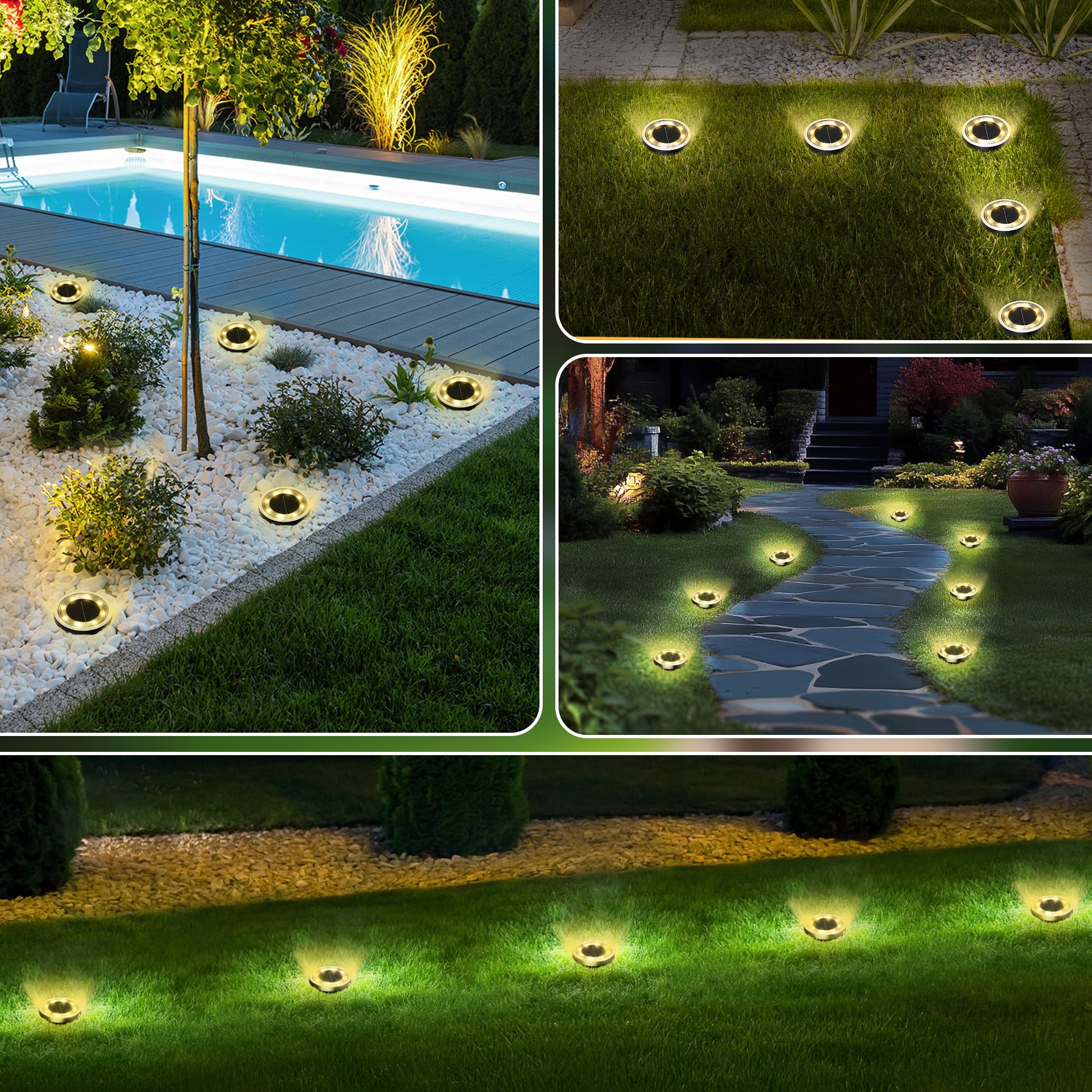 INCX Solar-Bodenleuchten für den Außenbereich, 8 LEDs, IP65 wasserdicht, Warmweiß, 16 Stück | 600mAh Ni-MH Akku, 8-10h Laufzeit, Edelstahl, ABS und PP Körper, Solar Gartenleuchten für Wege, Rasen und Einfahrten