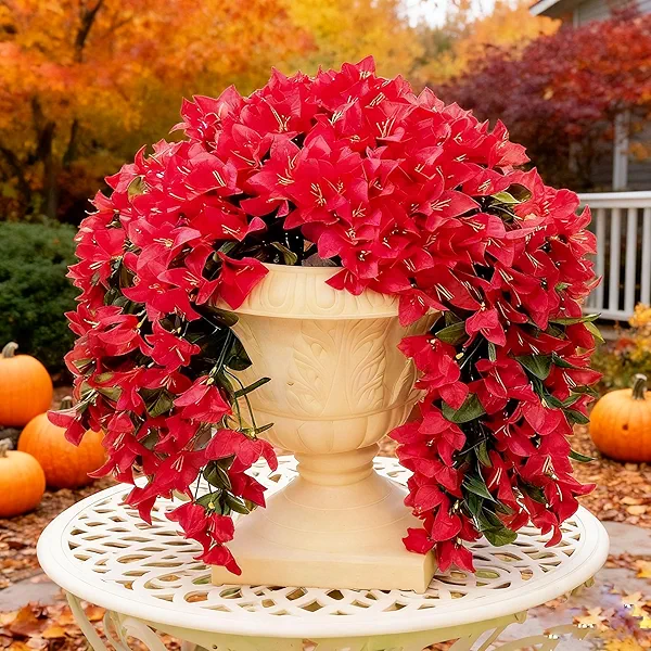 capirosa Artificial Flowers for Outdoors Fake Bougainvillea Hanging Flower Decoration, 2Pcs Realistic Faux Silk Plants Long Trailing Vines, Fall Decor for Porch Patio Balcony Planter Yard(Red)