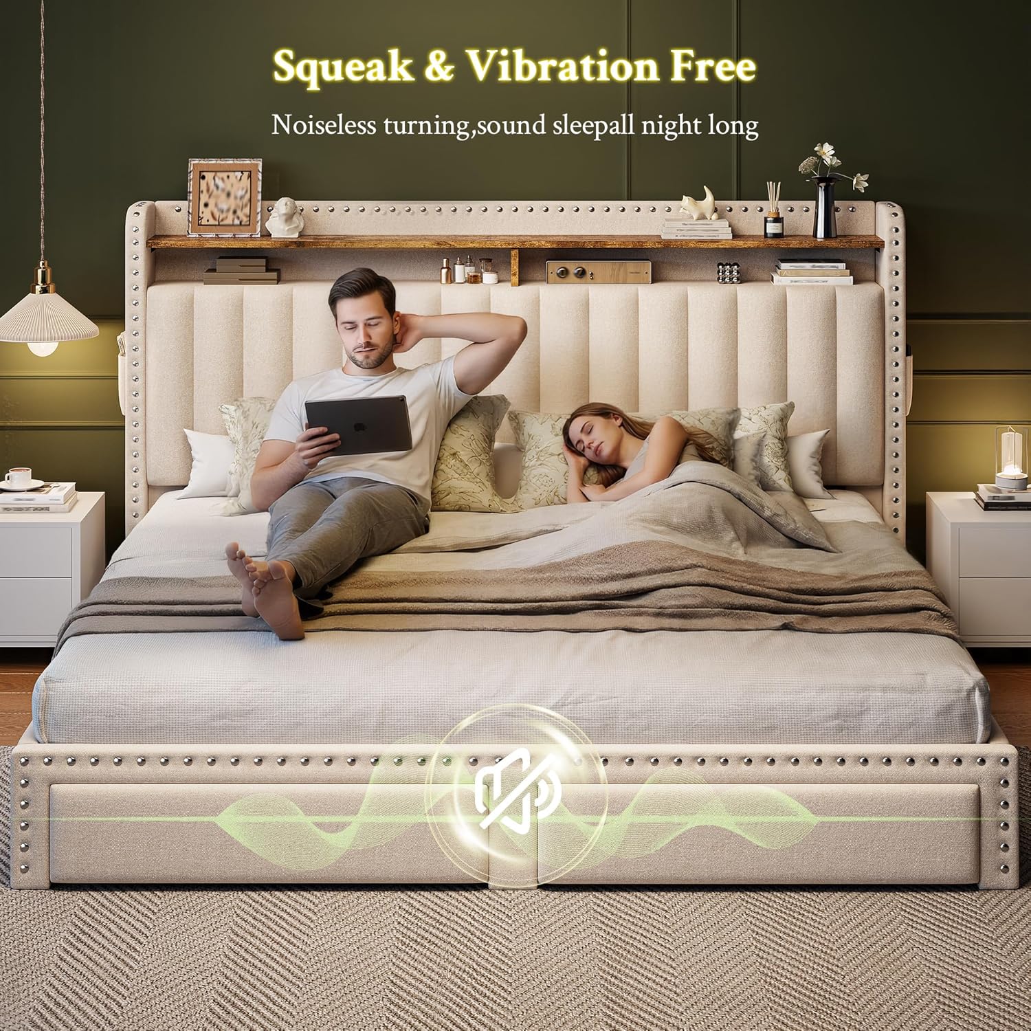 EnHomee King Size Bed Frame with 2 Storage Drawers & Upholstered Headboard,No Box Spring Needed, Easy Assembly, Noise Free, Beige