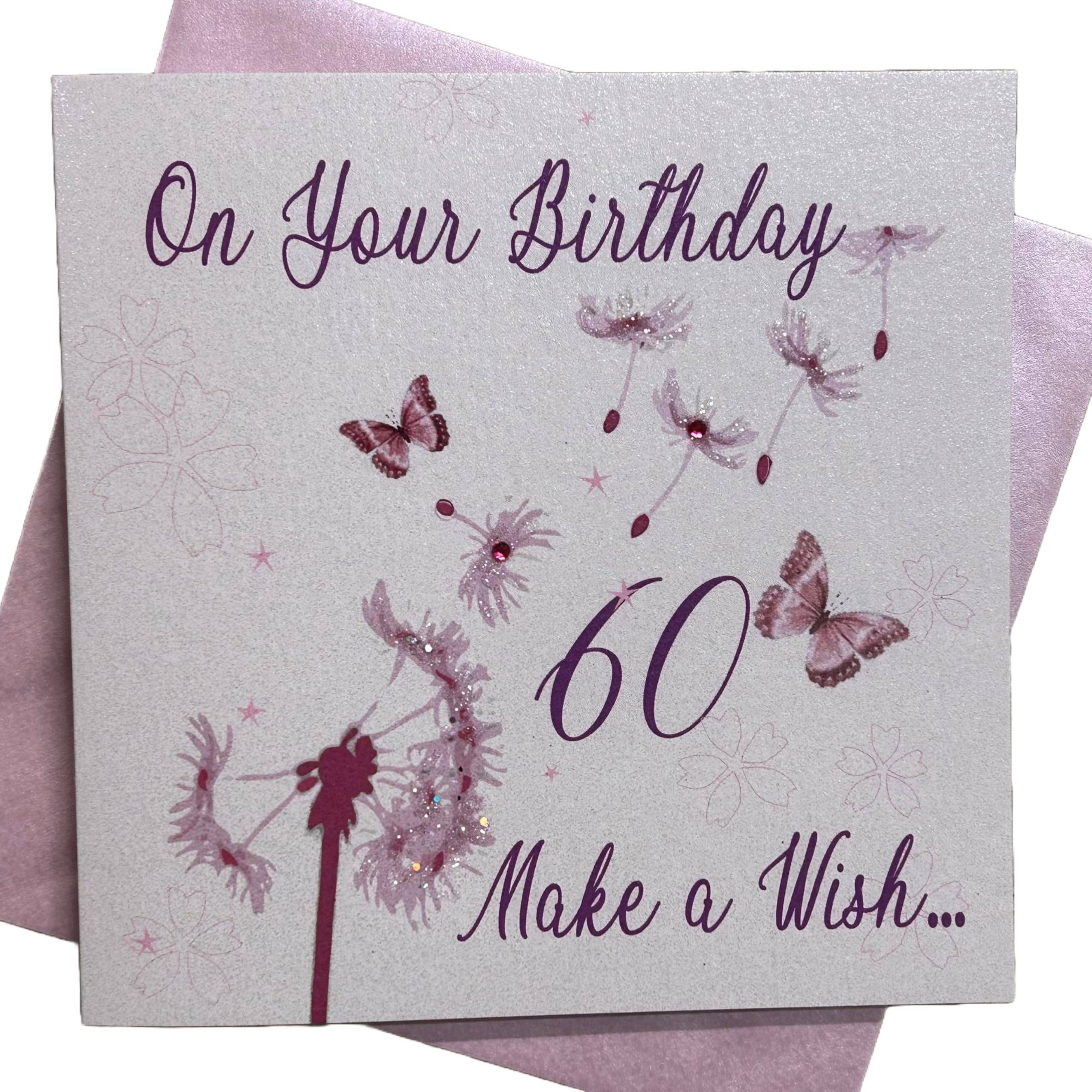 WHITE COTTON CARDS "Dandelion, On Your Birthday 60 Make a Wish… Handmade 60th Birthday Card, White, wb140-60