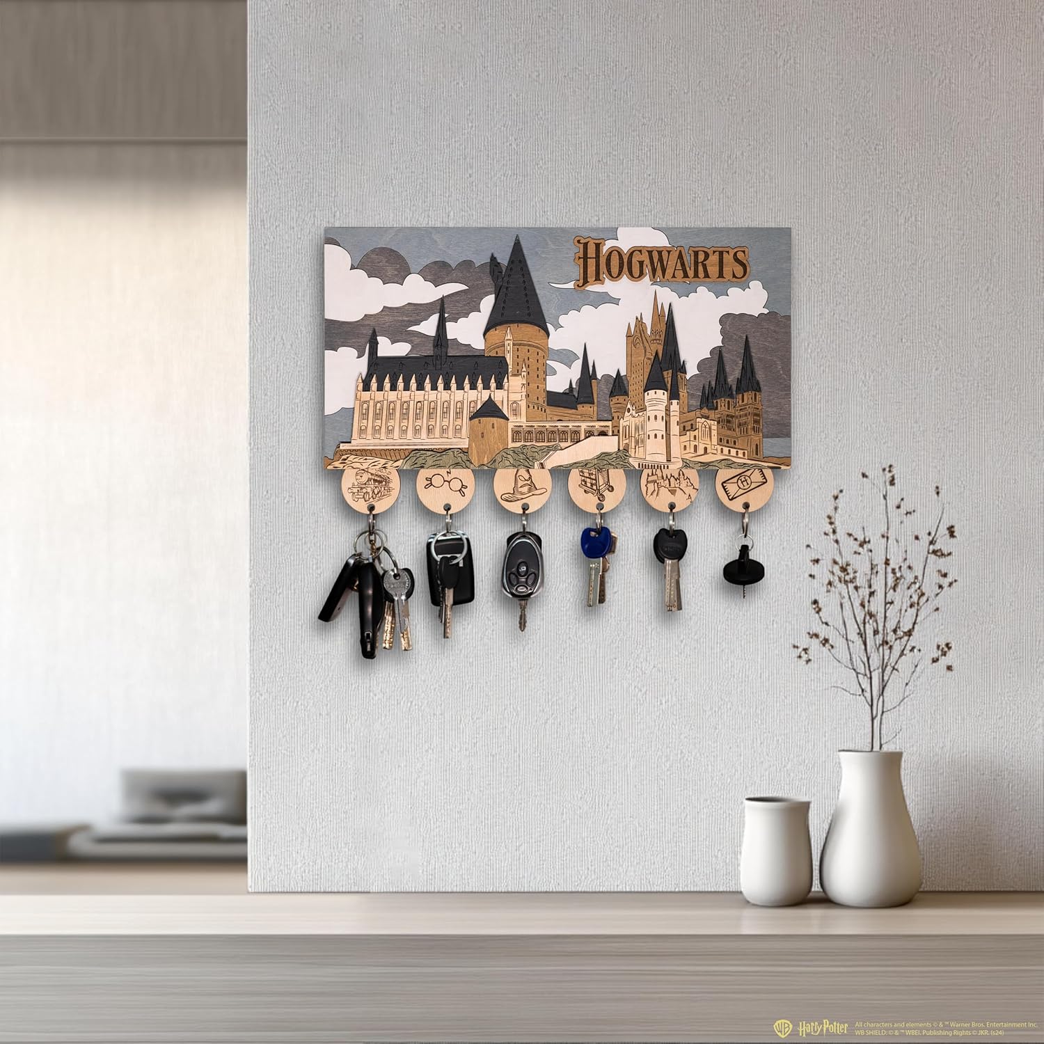 Hogwarts Magnetic Key Holder - Harry Potter 3D Key Holder with Magnetic Keychains - Unique Collectible Wooden Keyholder, Home Decor for Harry Potter Fans (Day Edition, XL, 6 Keychains)