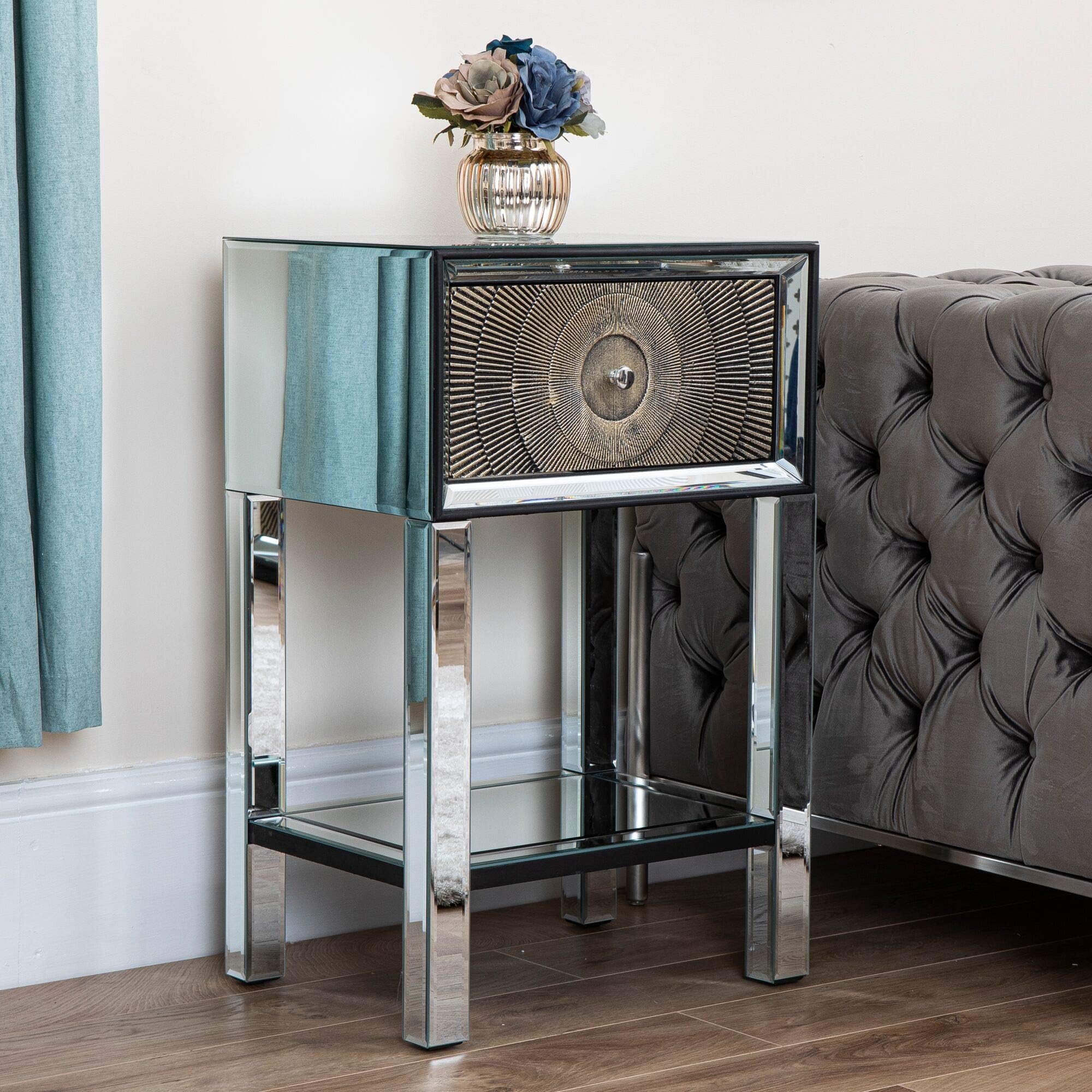 Abreo Mirrored Furniture Gold Black Detail Wooden Panelled Doors Drawers Side Table Console Sideboard Storage for Living Room Dining Room Bedroom (1 Drawer Bedside Table)