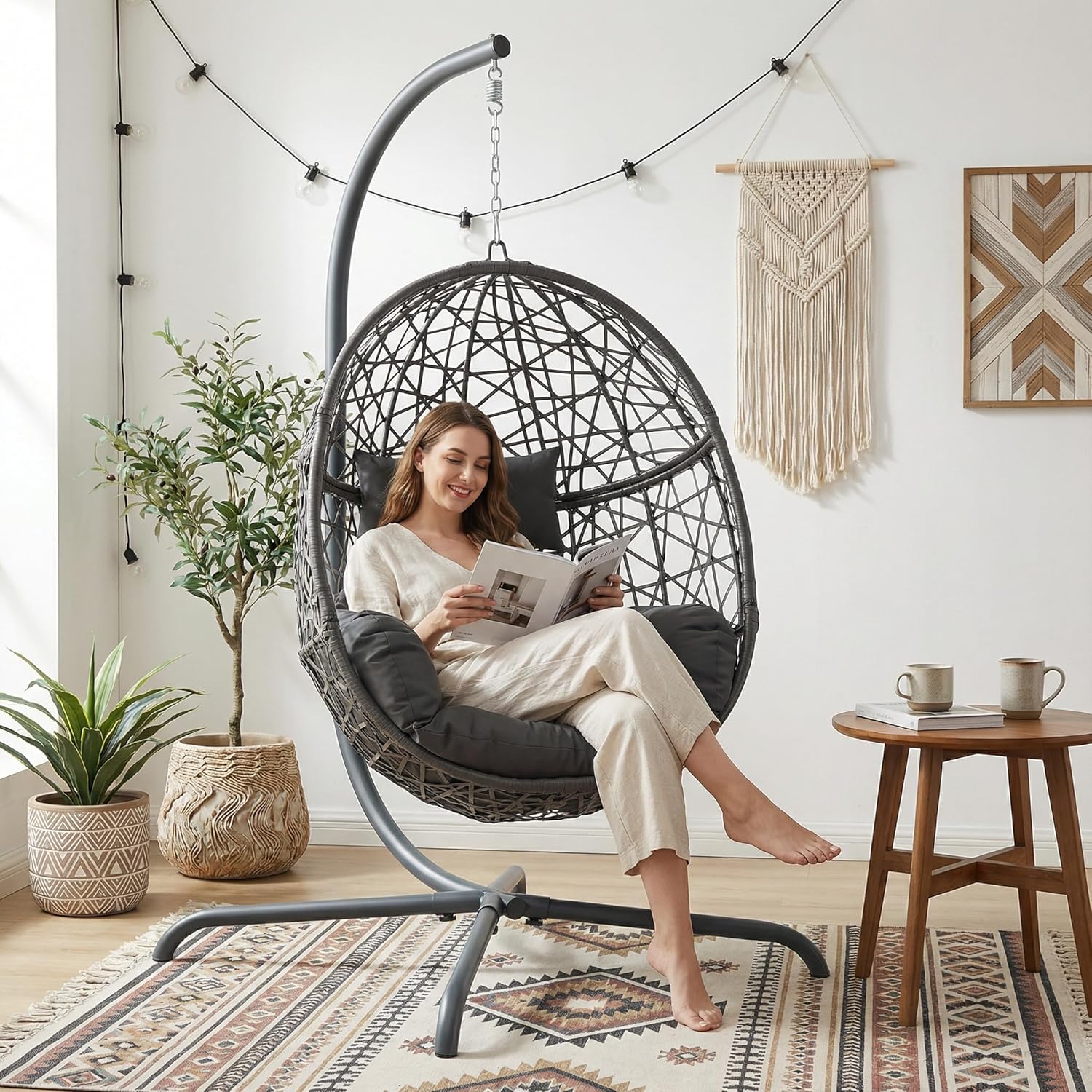 RADIATA Hanging Egg Chair with Stand, Outdoor Swing Egg Chair with Thick Cushion, Rattan Bird Cage Eggshell Basket Seat, Patio Swinging Hammock Chair for Outside Backyard, Dark Grey