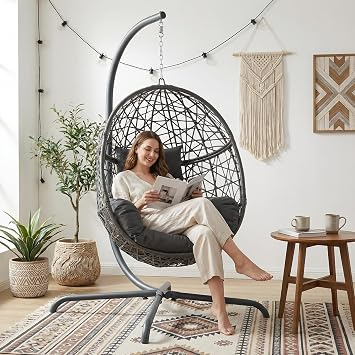 RADIATA Hanging Egg Chair with Stand, Outdoor Swing Egg Chair with Thick Cushion, Rattan Bird Cage Eggshell Basket Seat, Patio Swinging Hammock Chair for Outside Backyard, Dark Grey