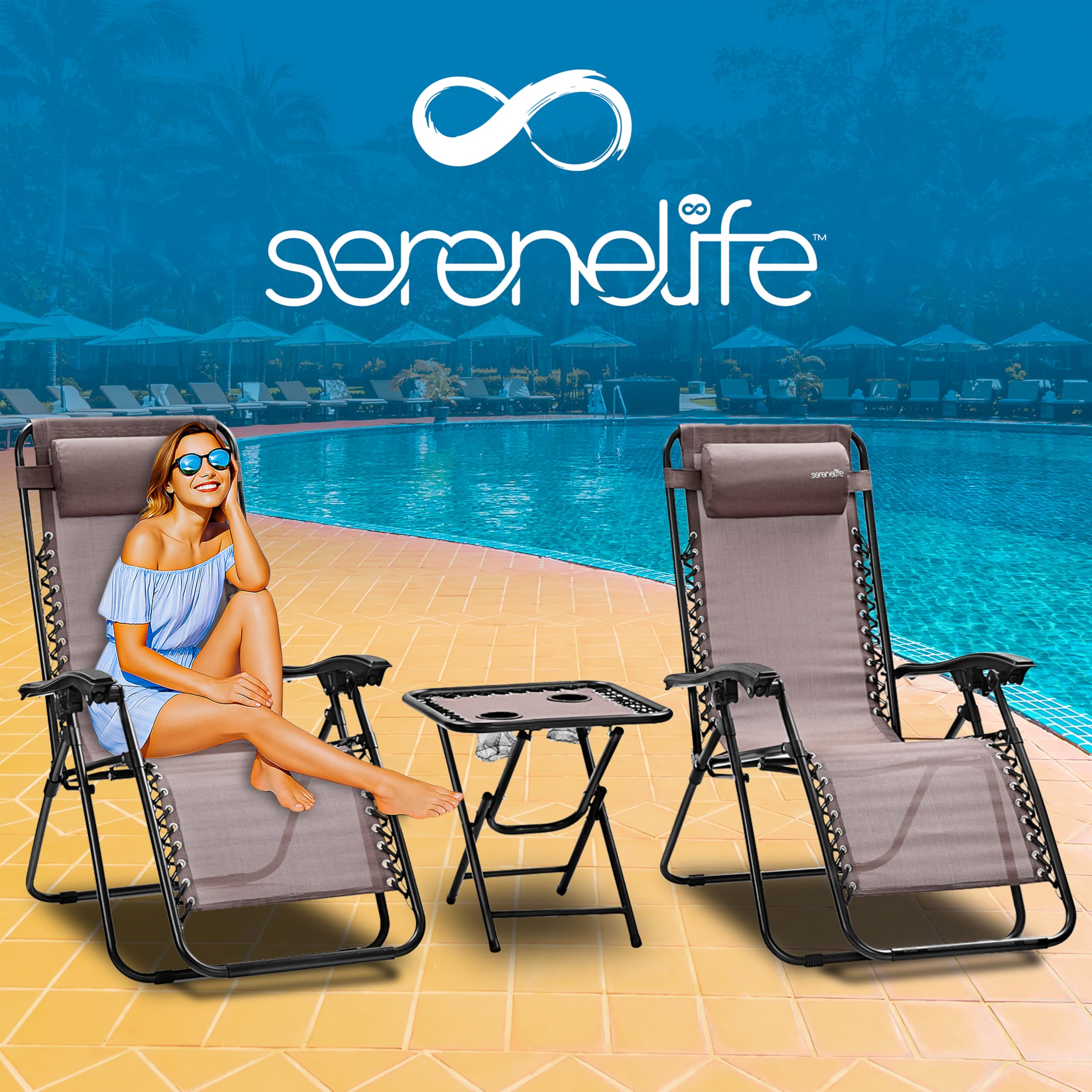 SereneLife sillas reclinables de Exterior, Set de 2, Tumbonas de Malla de Acero, con Almohada Desmontable, Portavasos, Plegables, Ajustables, Portatiles, Zero Gravity, Camping, Patio, Piscina o Playa
