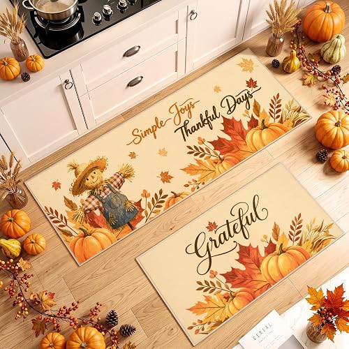 Fall Kitchen Rugs Set of 2, Thankful Pumpkin Fall Mats