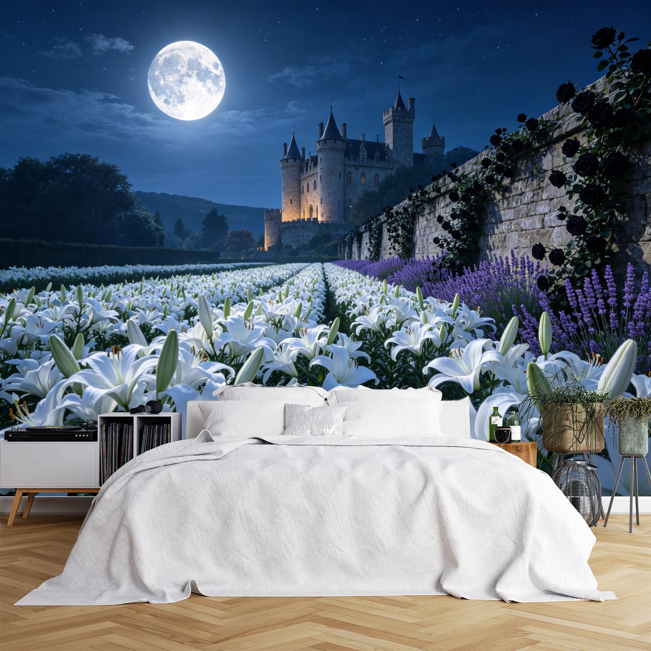 Lcythiazole Ch260615187 Custom Size Wall Murals White Lily Lavender Black Rose Castle Full Moon Night Full Wall Self-Adhesive Wall Fabric (No Pvc) Removable Wallpaper For Villa Living Room