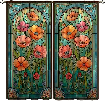 Stained Glass Curtains for Kitchen Medieval Elegant Abstract Art Nature Spring Colorful Flowers Plants Leaves Print Windows Treatments for Girls Bedroom Living Room 41x62.5InNo Blackout