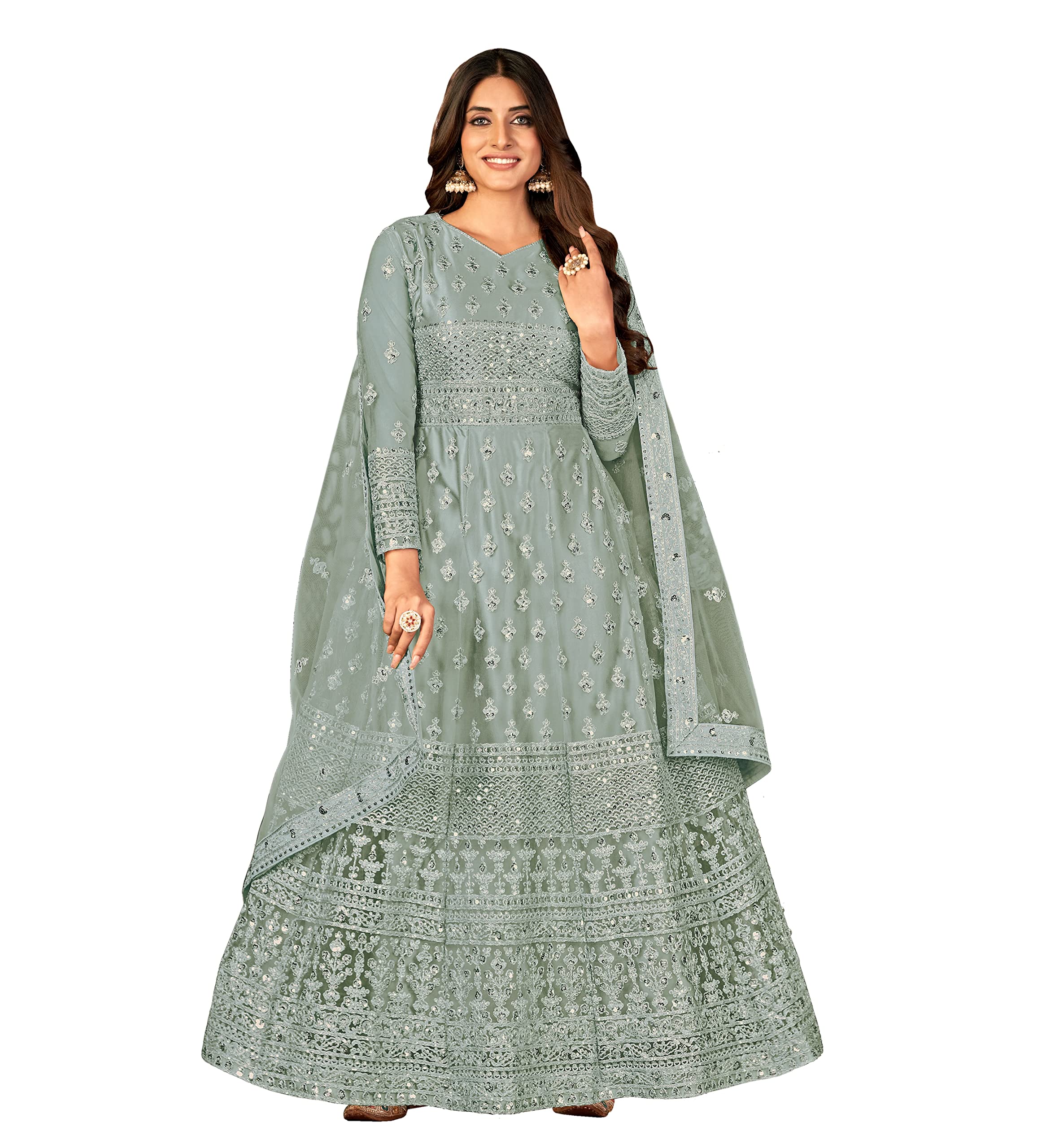 Divine EximWomen's Net Semi Stitched Gown Top With Satin Silk Fabric Bottom & Net Dupatta Embroidered Anarkali Dress