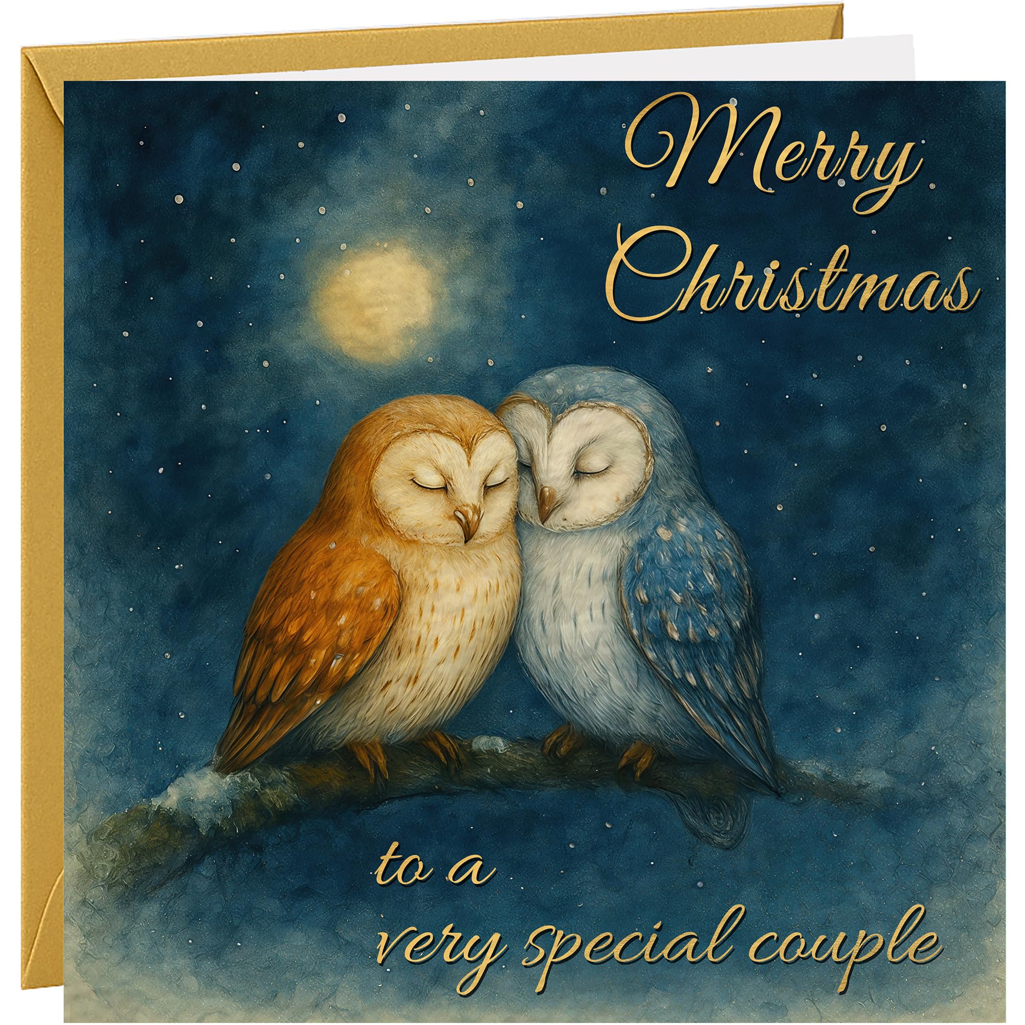 Christmas Card For Special Couple 'Merry Christmas To A Very Special Couple' Xmas Cards Beautiful Owl Design 350gsm Hammered Card With Gold Foil & Envelope
