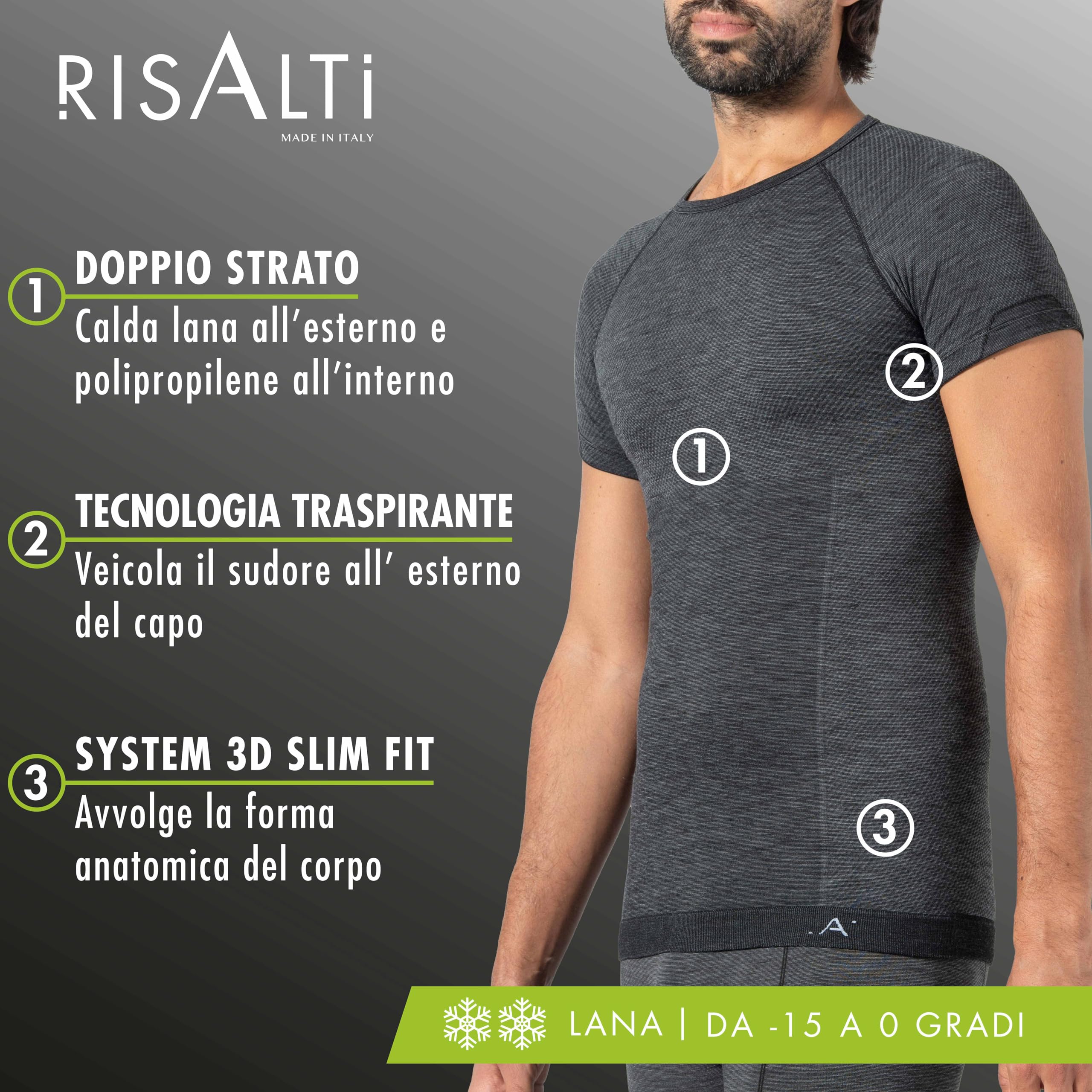 Risalti Maglia Manica Corta Termica Unisex Lana Merino - Maglia Termica e Traspirante, Abbigliamento Uomo e Donna Termico - Maglia Senza Cuciture - Made in Italy